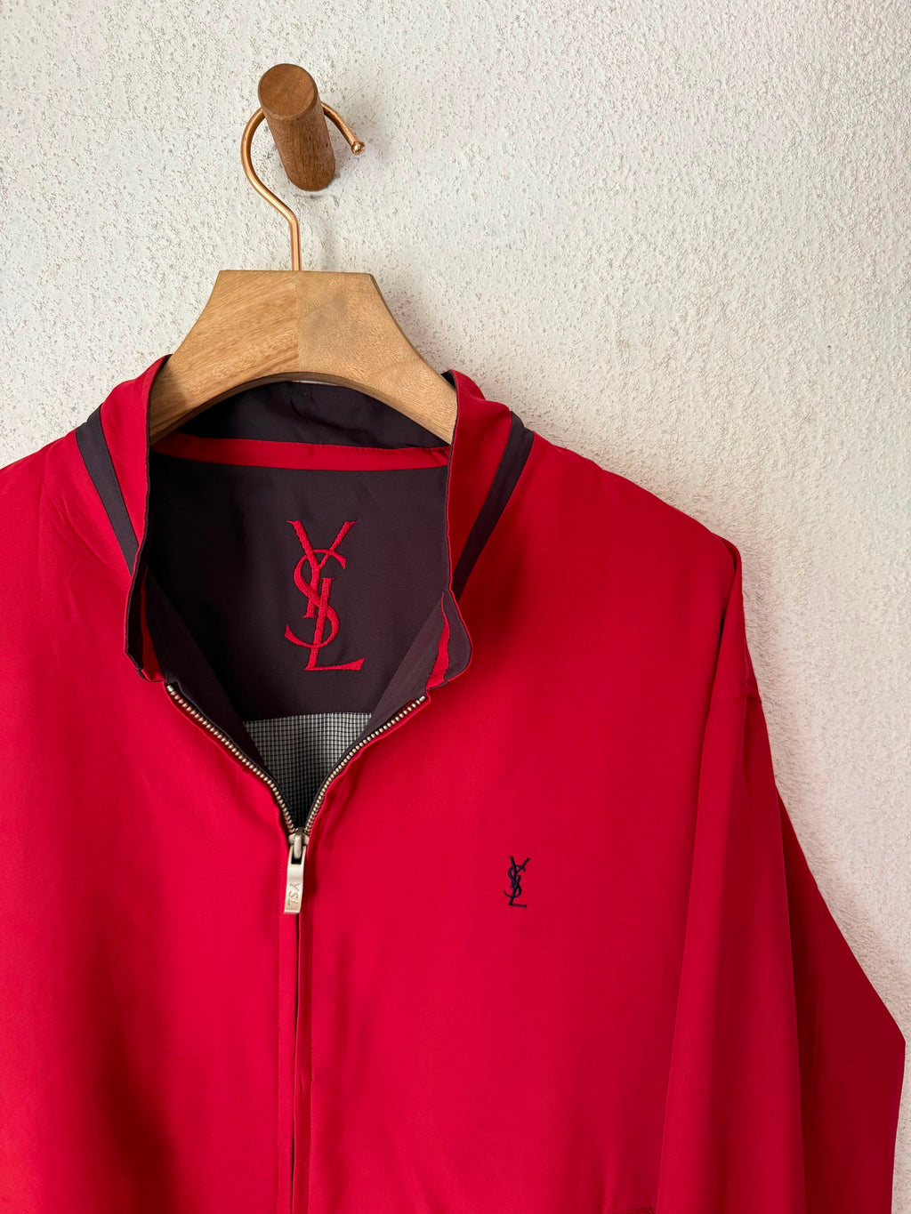 Yves Saint Laurent Vintage 90s Red YSL Logo Windbreaker Jacket Navy Logo Size 110 Oversized