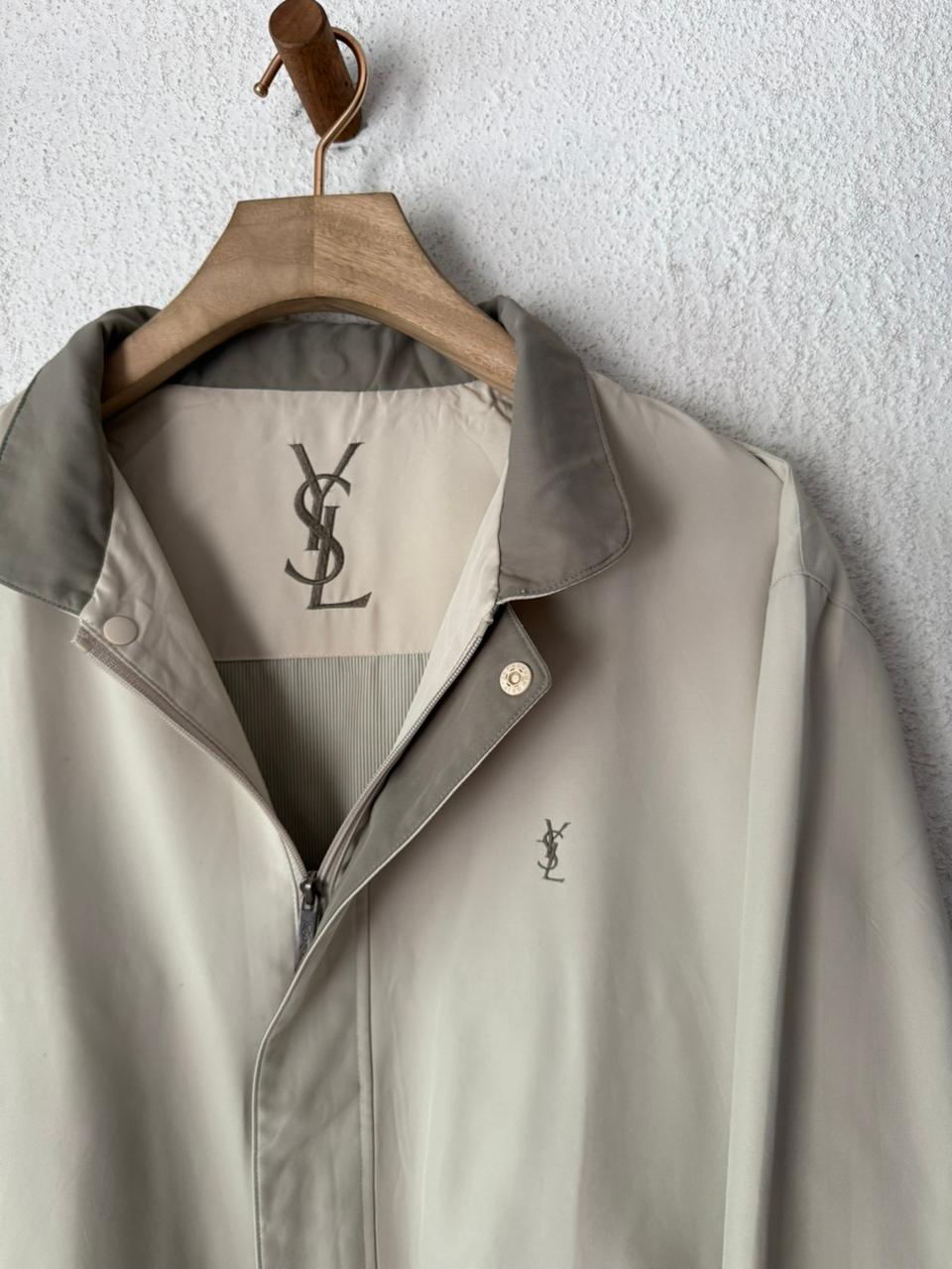 Yves Saint Laurent YSL Logo Harrington Jacket Cream Stone Gray Collar Windbreaker
