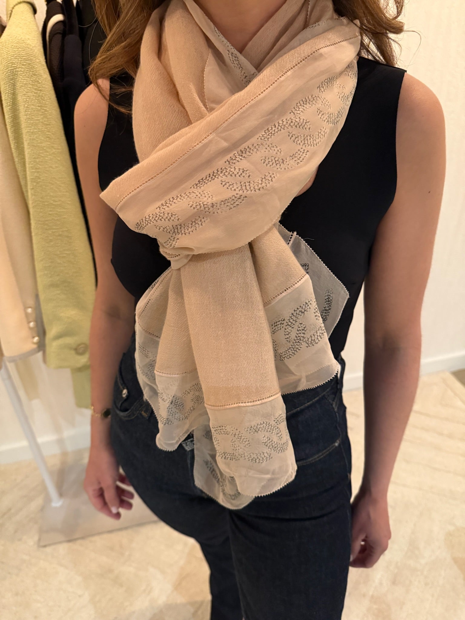 Chanel Cashmere CC Logo Scarf Pink Silver Metallic Lightweight Wrap