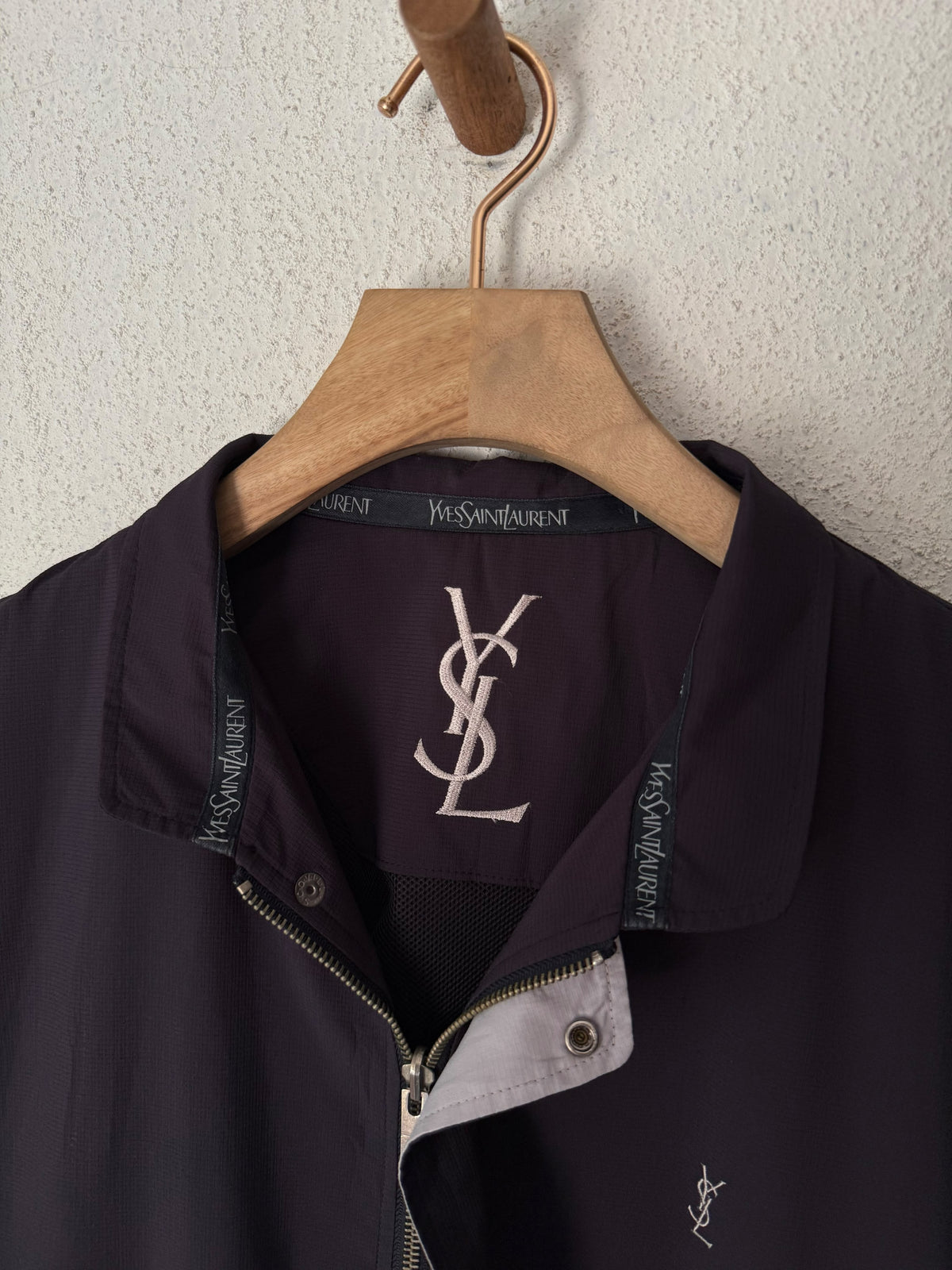 Yves Saint Laurent YSL Navy Black Windbreaker Bomber Jacket with Logo Embroidery