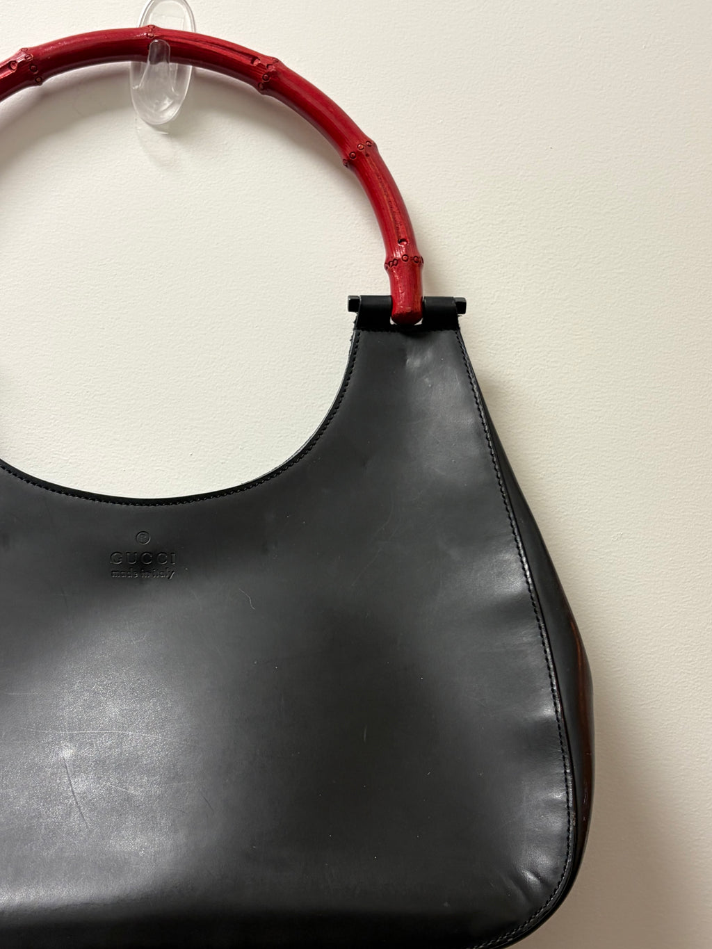 Gucci Bamboo Handle Shoulder Bag Black Leather & Red Bamboo
