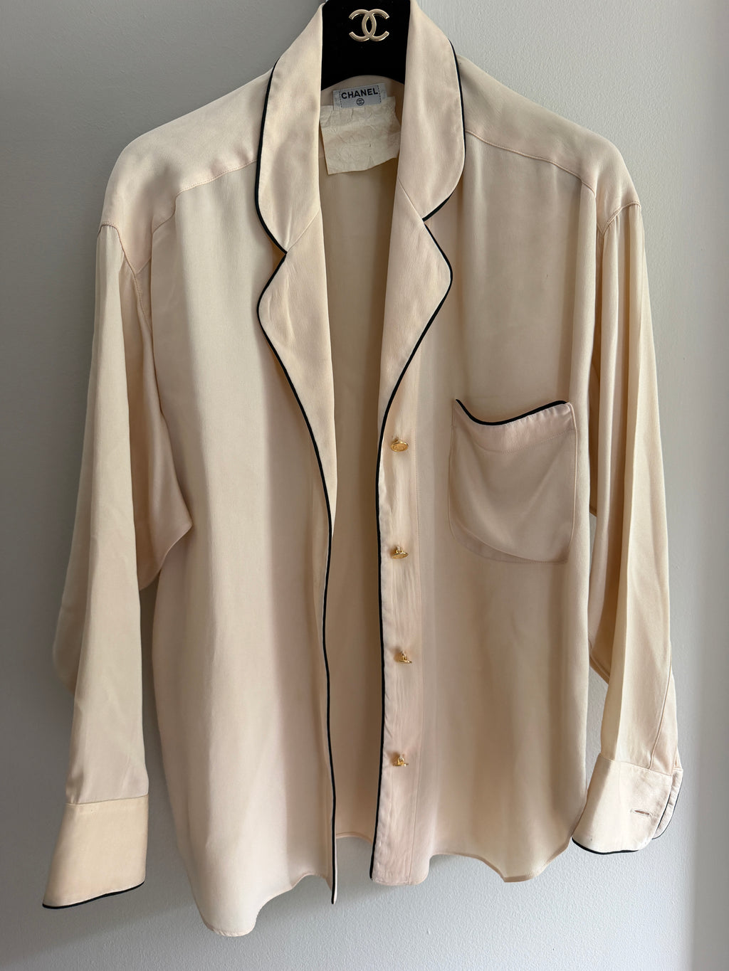 Chanel Silk Blouse Gold Logo Button Top