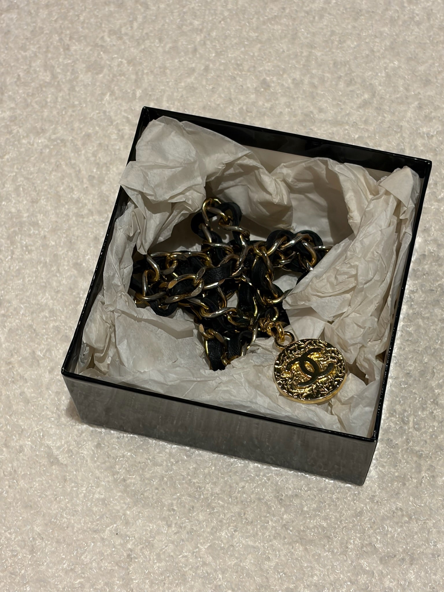 Chanel Leather Woven Chain Strap Necklace Belt Gold Tone Black Leather Medallion Charm