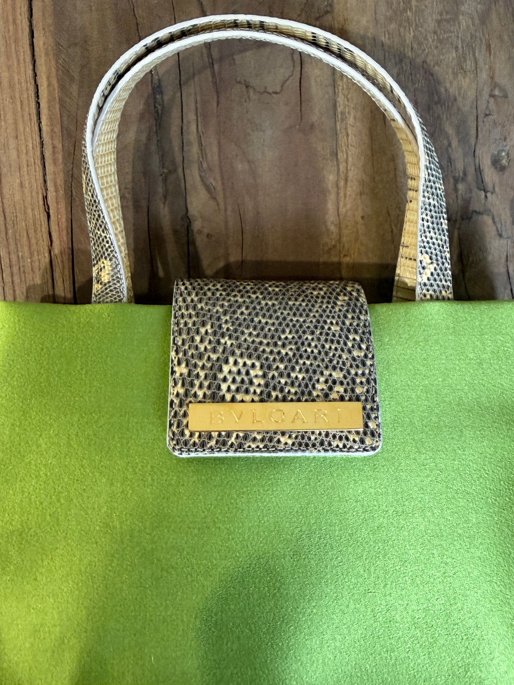 Bvlgari Vintage Pammee Bag Chartreuse Acid Green Satin Vanilla Lizard Leather Rare Y2K