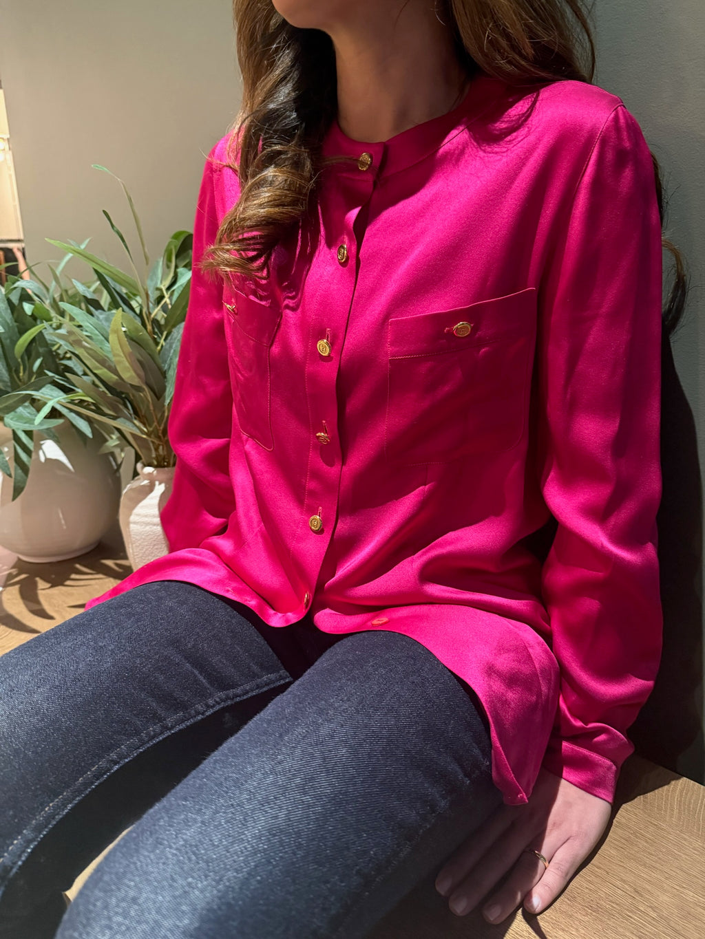 Chanel 1991 Pink Silk Button-Up Blouse Gold CC Logo Buttons FR36