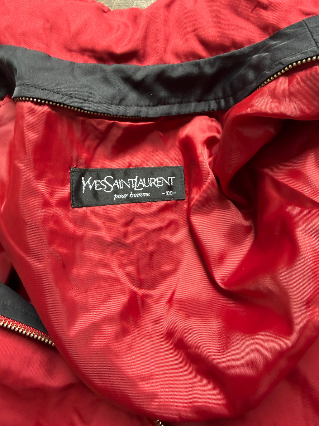 Yves Saint Laurent Vintage 90s Red YSL Logo Windbreaker Jacket Navy Logo Hidden Hood Size 100 Oversized