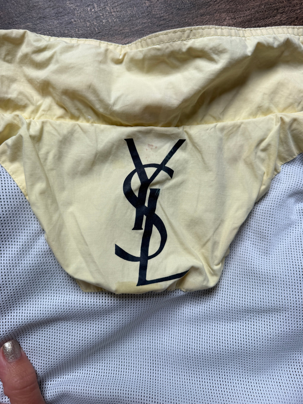 Yves Saint Laurent Vintage 90s Chino Blue YSL Logo Utility Windbreaker Jacket Gold Hardware Size 100 Oversized