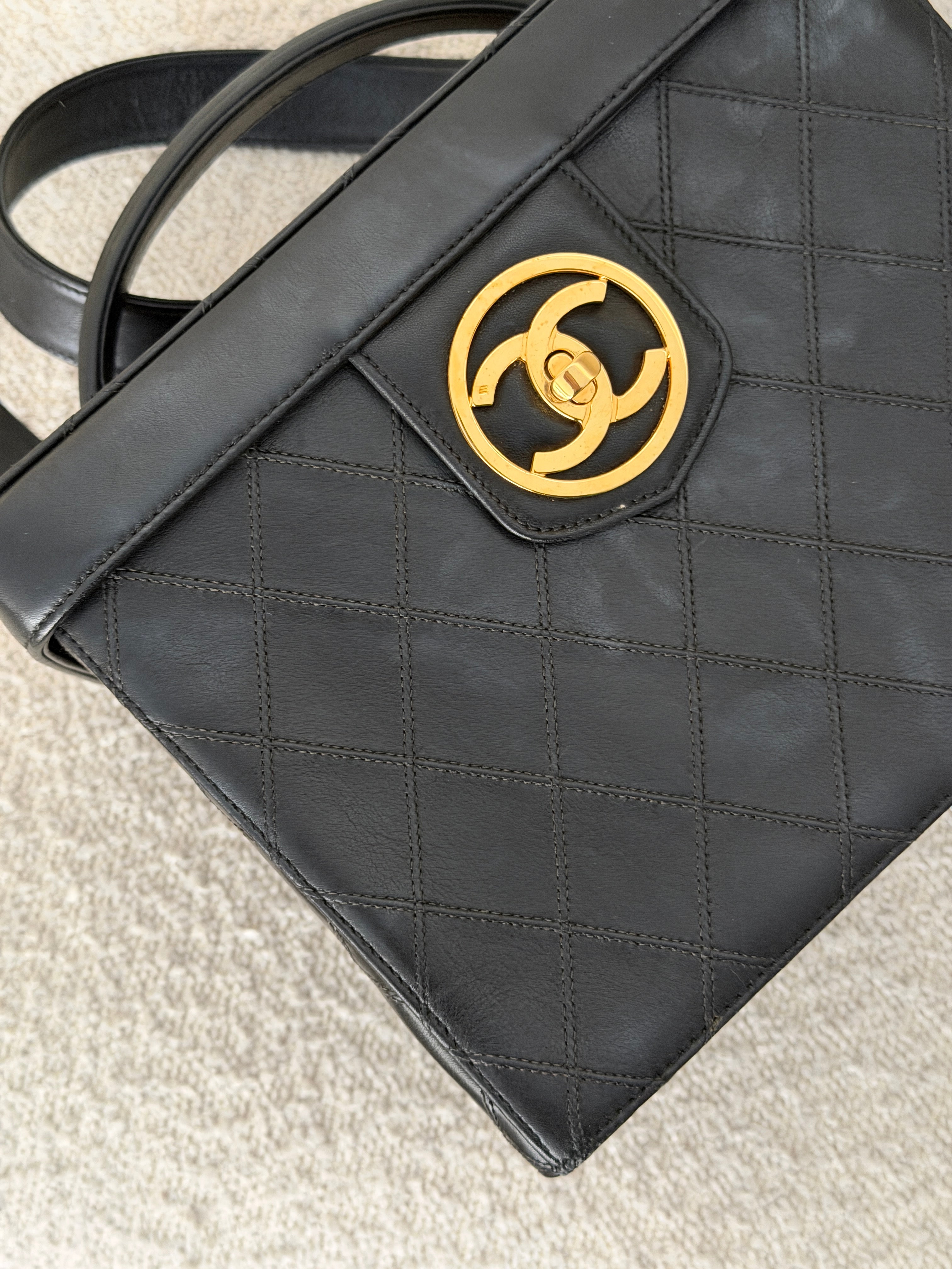 Chanel 90’s Black Lambskin Square Camera Vanity Bag with Strap