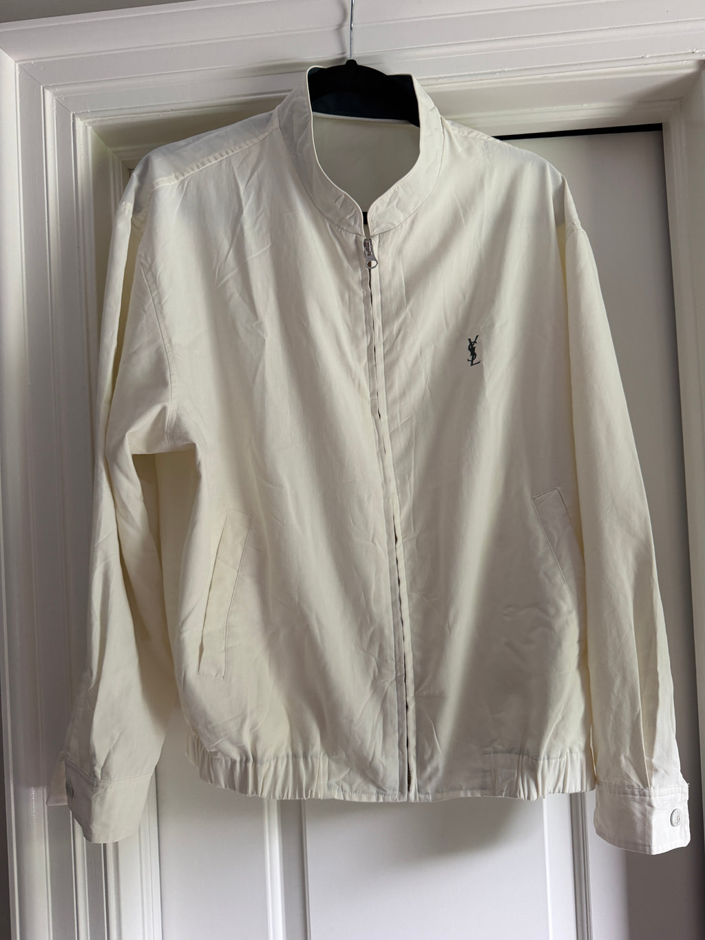 Yves Saint Laurent Vintage Off White Lightweight Jacket Green Logo Green Collar Size 100