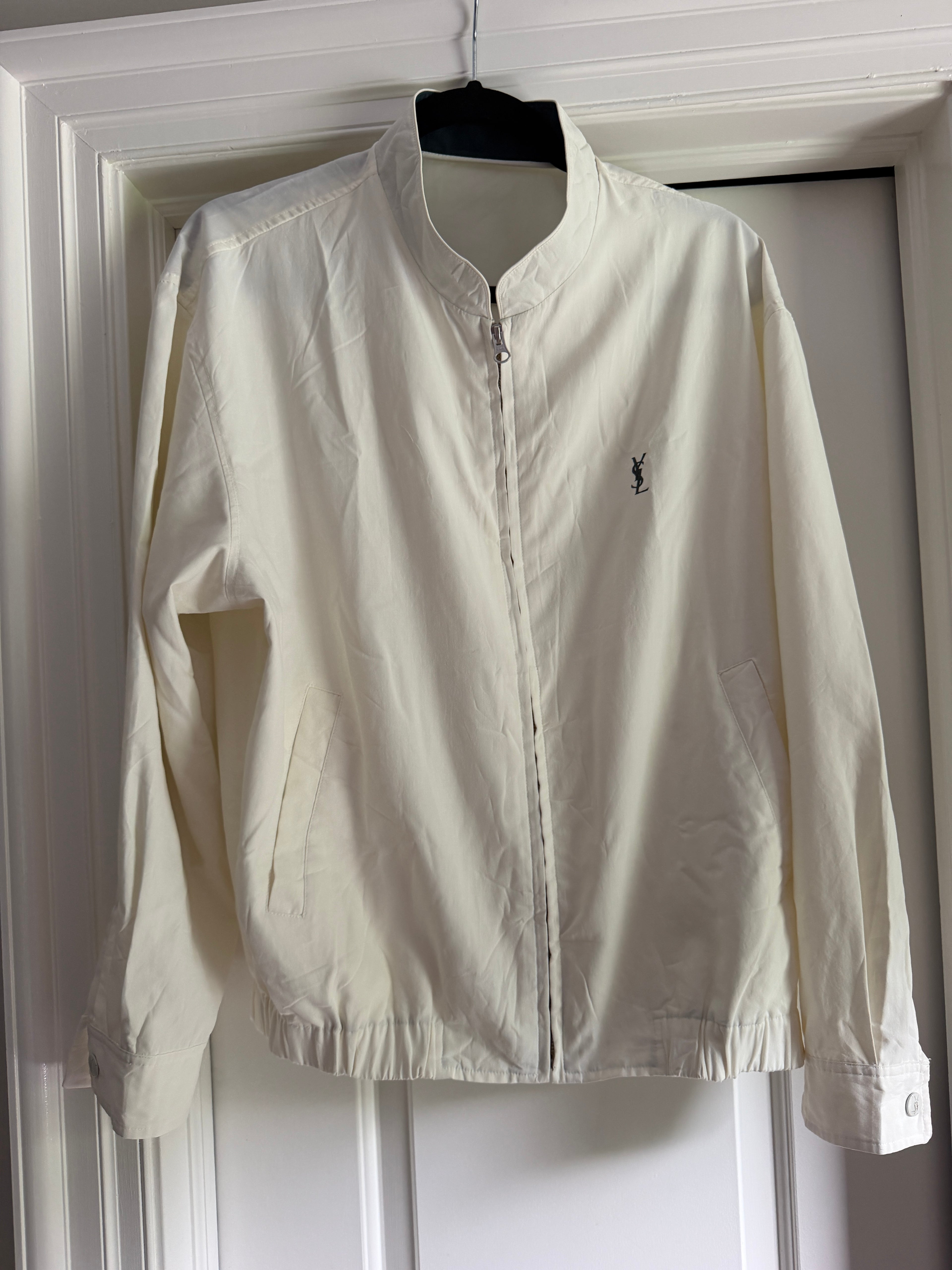 Yves Saint Laurent Vintage Off White Lightweight Jacket Green Logo Green Collar Size 100