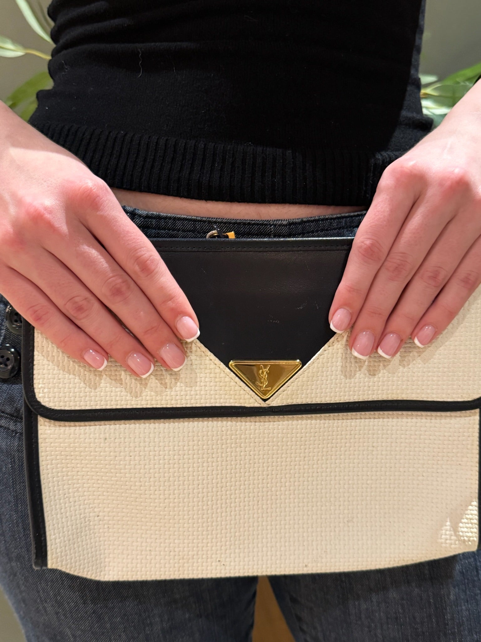 Yves Saint Laurent White & Navy YSL Logo PVC Clutch Bag