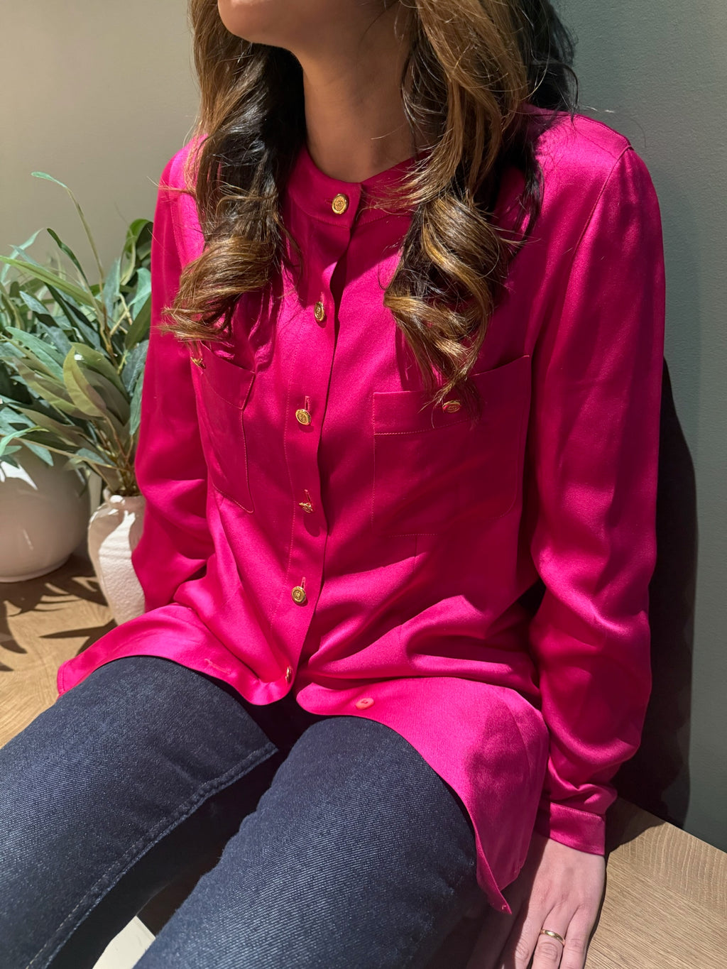 Chanel 1991 Pink Silk Button-Up Blouse Gold CC Logo Buttons FR36