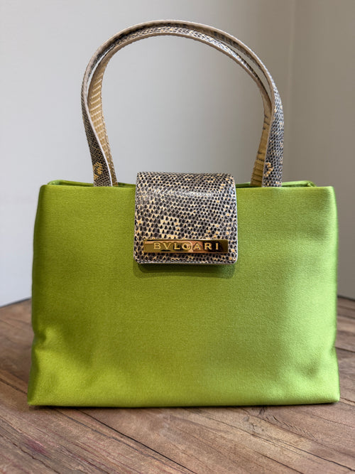 Bvlgari Vintage Pammee Bag Chartreuse Acid Green Satin Vanilla Lizard Leather Rare Y2K