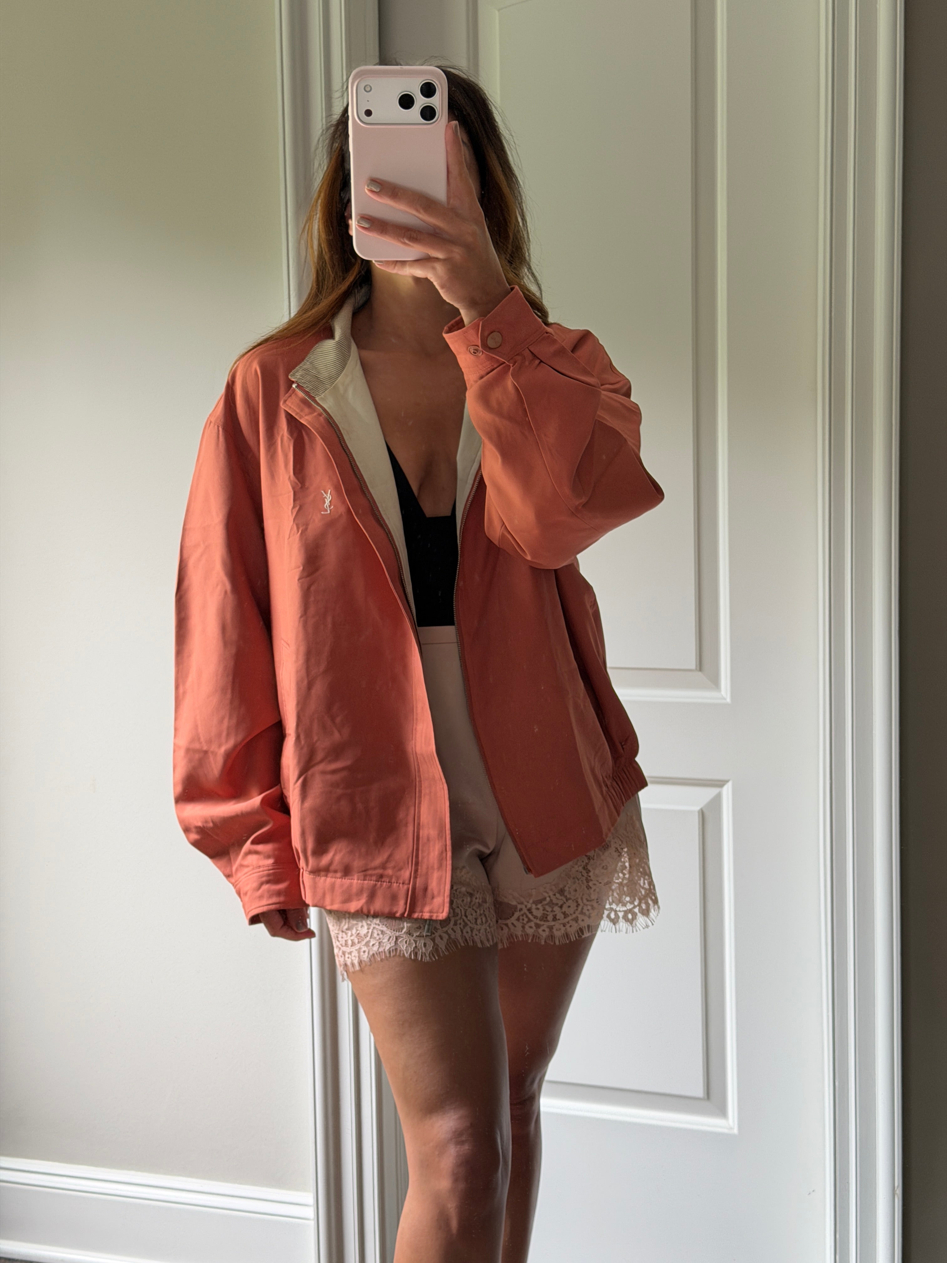 Yves Saint Laurent Vintage 90s Salmon Coral YSL Logo Windbreaker Jacket White Logo Size 105 Oversized