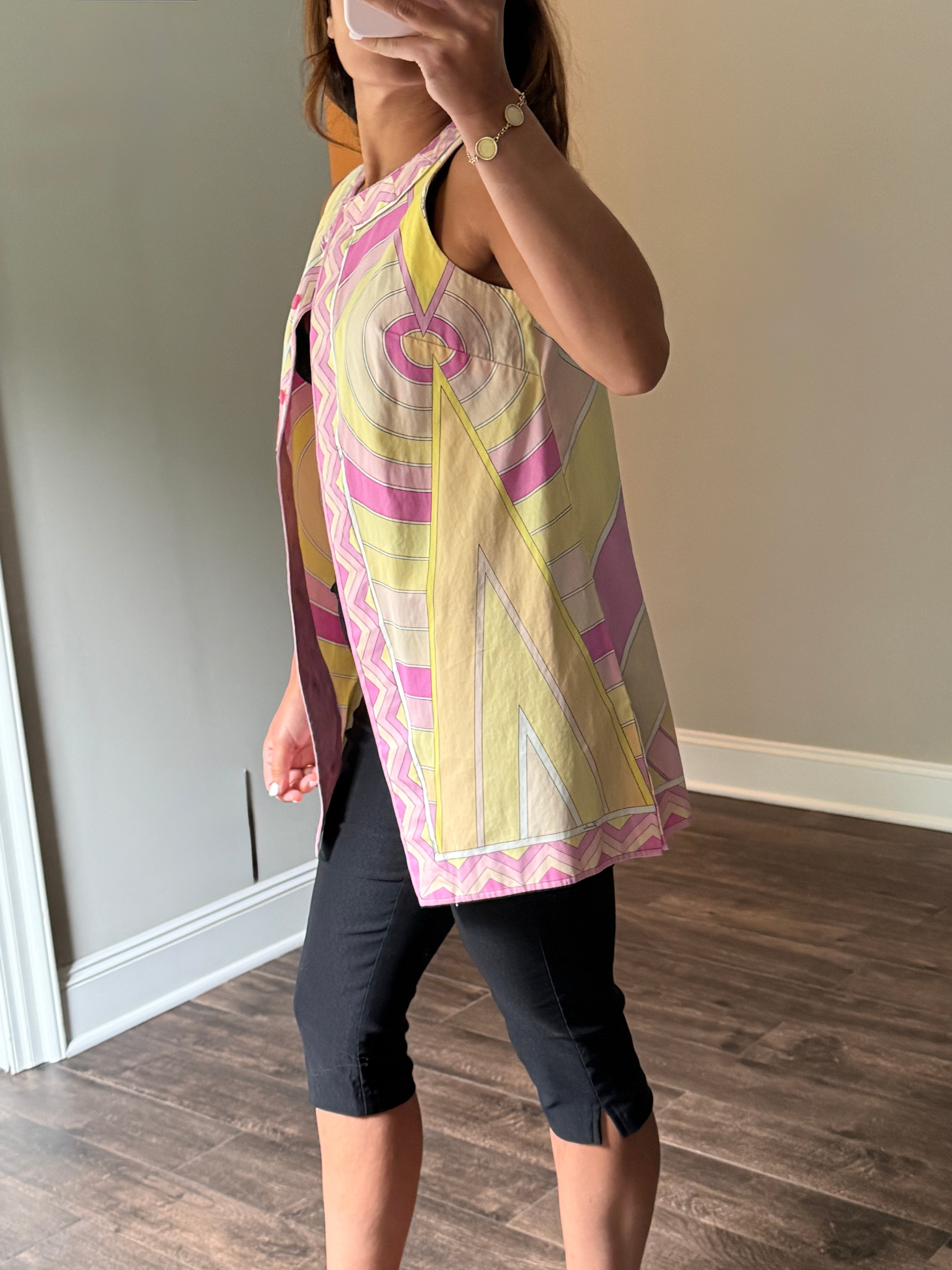 Emilio Pucci Cotton Poplin Sleeveless Tunic Top Pink Yellow Geometric Print Saks Fifth Avenue