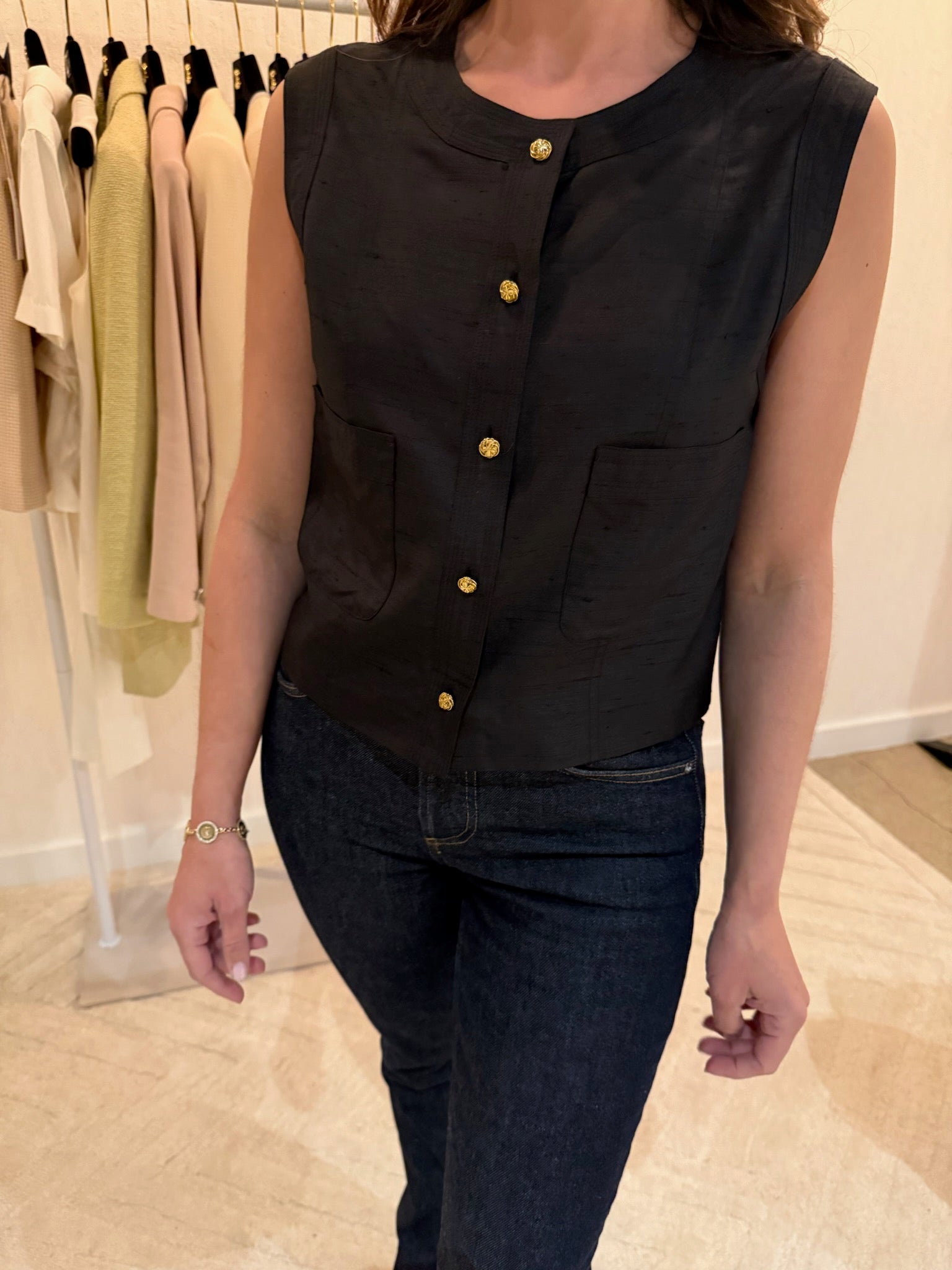 Chanel Black Gold Button Vest FR40