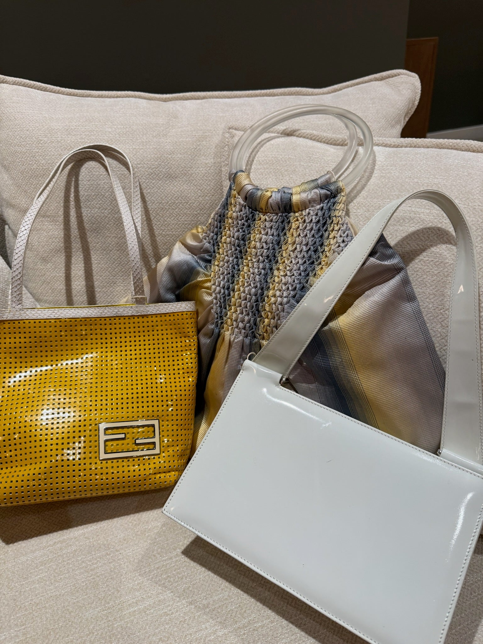 Fendi Yellow Perforated Metallic Leather Mini Tote Bag White Trim FF Logo