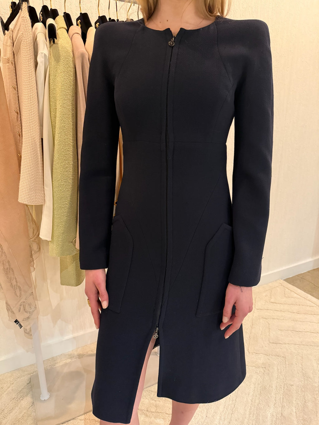 Chanel 1997 Navy Double Zip Coat Dress FR 38 | CC Logo Zippers | Fall 1997 Collection