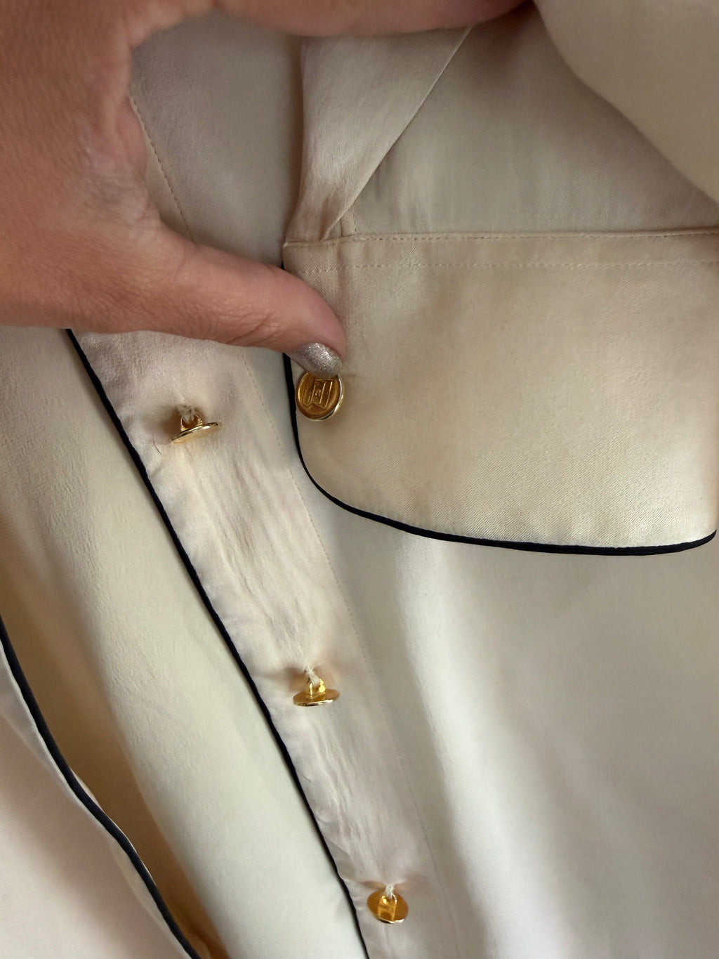 Chanel Silk Blouse Gold Logo Button Top