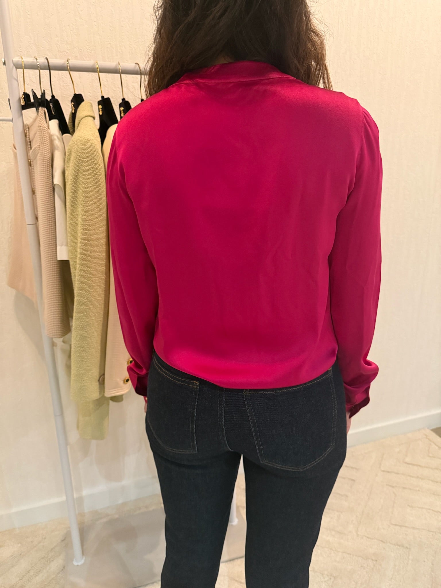 Chanel 1991 Pink Silk Button-Up Blouse Gold CC Logo Buttons FR36
