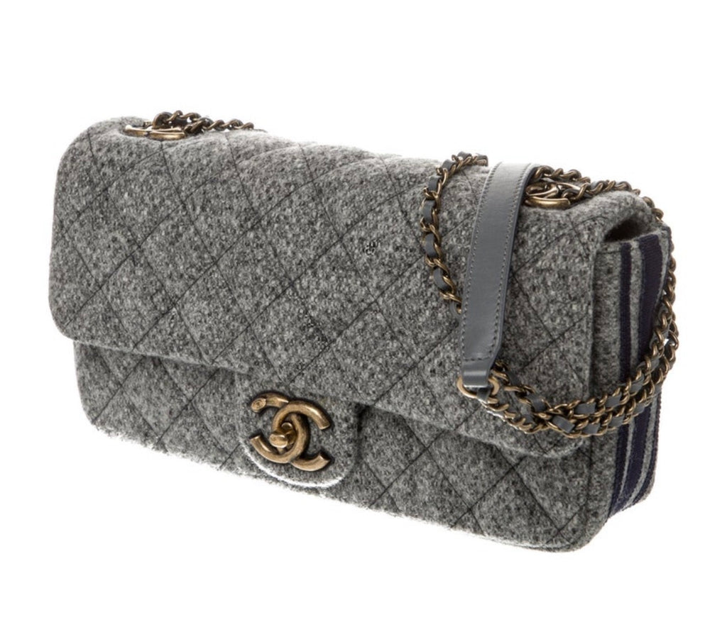 Chanel 2015–2016 Salzburg Collection Grey Quilted Wool Flap Bag with CC Chain Detail