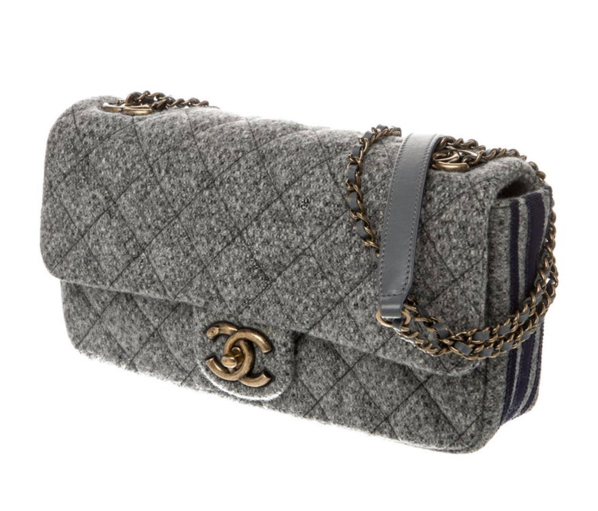 Chanel 2015–2016 Salzburg Collection Grey Quilted Wool Flap Bag with CC Chain Detail