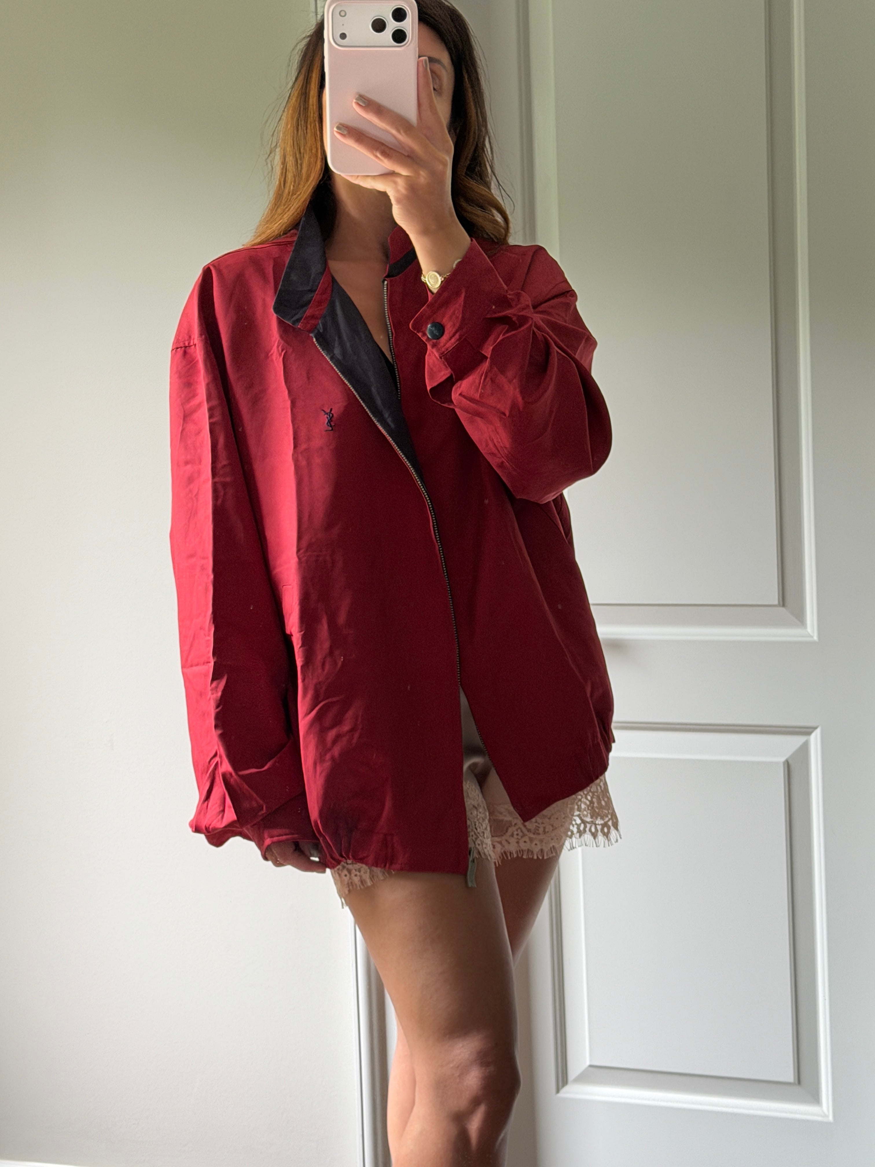 Yves Saint Laurent Vintage 90s Red YSL Logo Windbreaker Jacket Navy Logo Size 110 Oversized