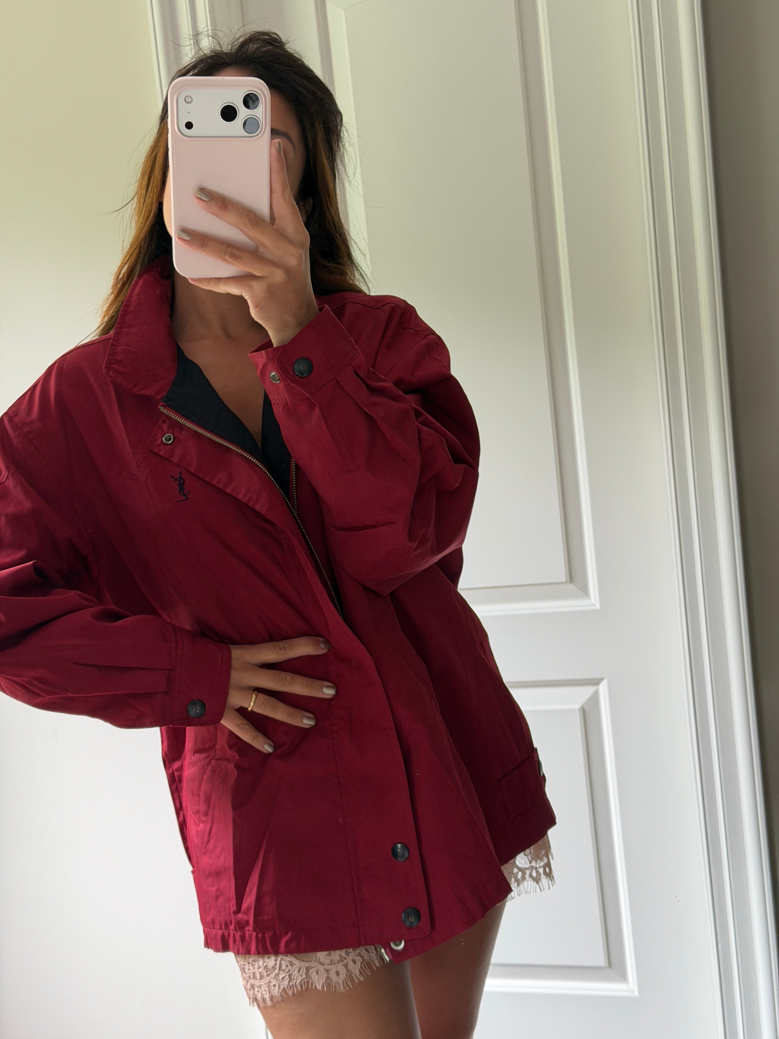 Yves Saint Laurent Vintage 90s Red YSL Logo Windbreaker Jacket Navy Logo Hidden Hood Size 100 Oversized