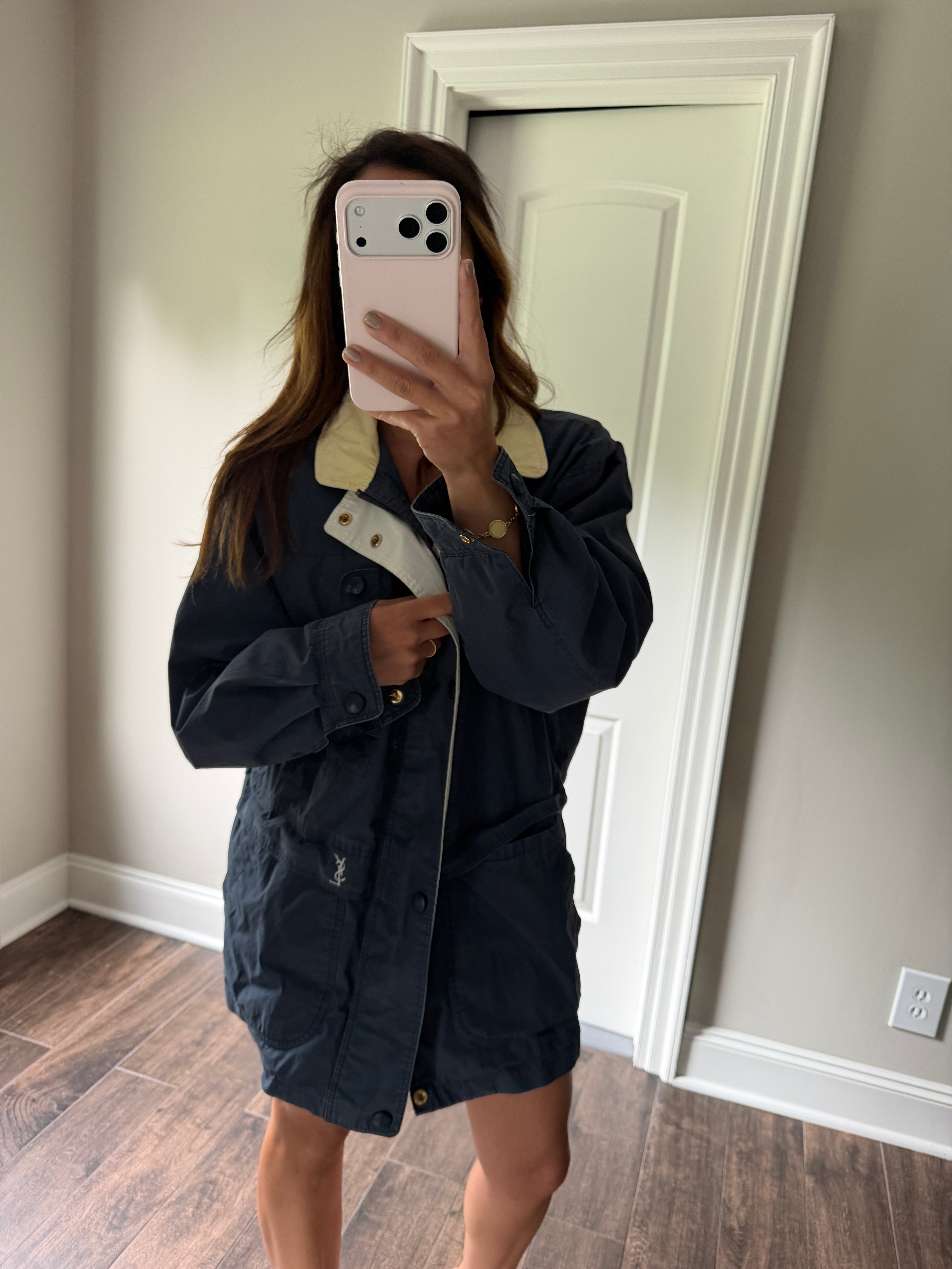 Yves Saint Laurent Vintage 90s Chino Blue YSL Logo Utility Windbreaker Jacket Gold Hardware Size 100 Oversized