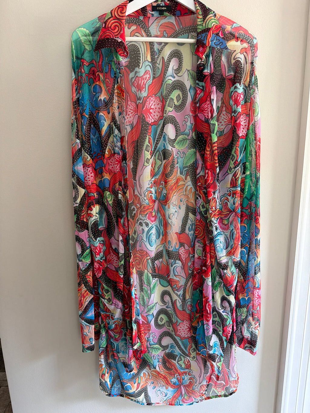 Escada Red Floral Print Button Up Blouse DE40 Long Sleeve Designer Top