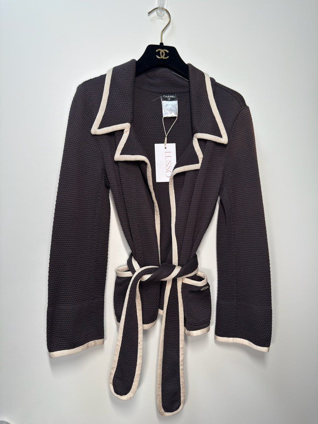 Chanel 2006 Silk Belted Jacket Black Shawl Collar FR38
