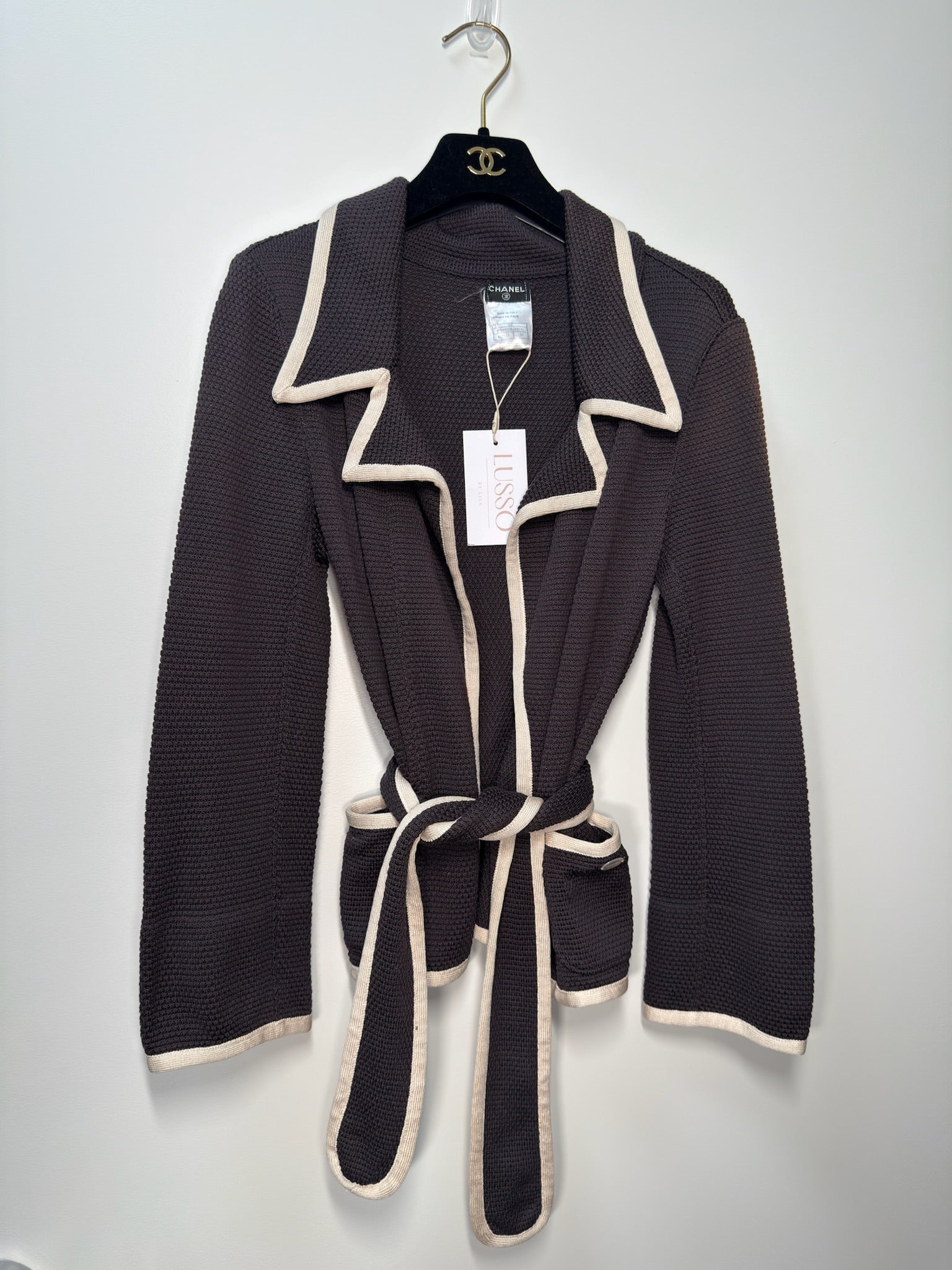 Chanel 2006 Silk Belted Jacket Black Shawl Collar FR38