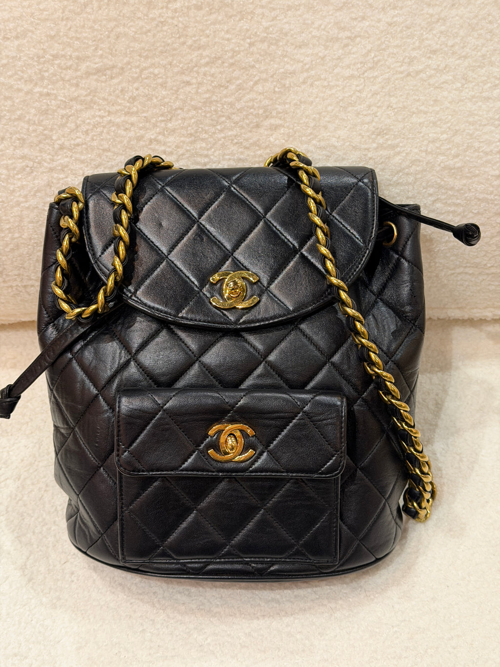 CHANEL Vintage Black Lambskin Quilted Drawstring Backpack 24K Gold Plated Hardware