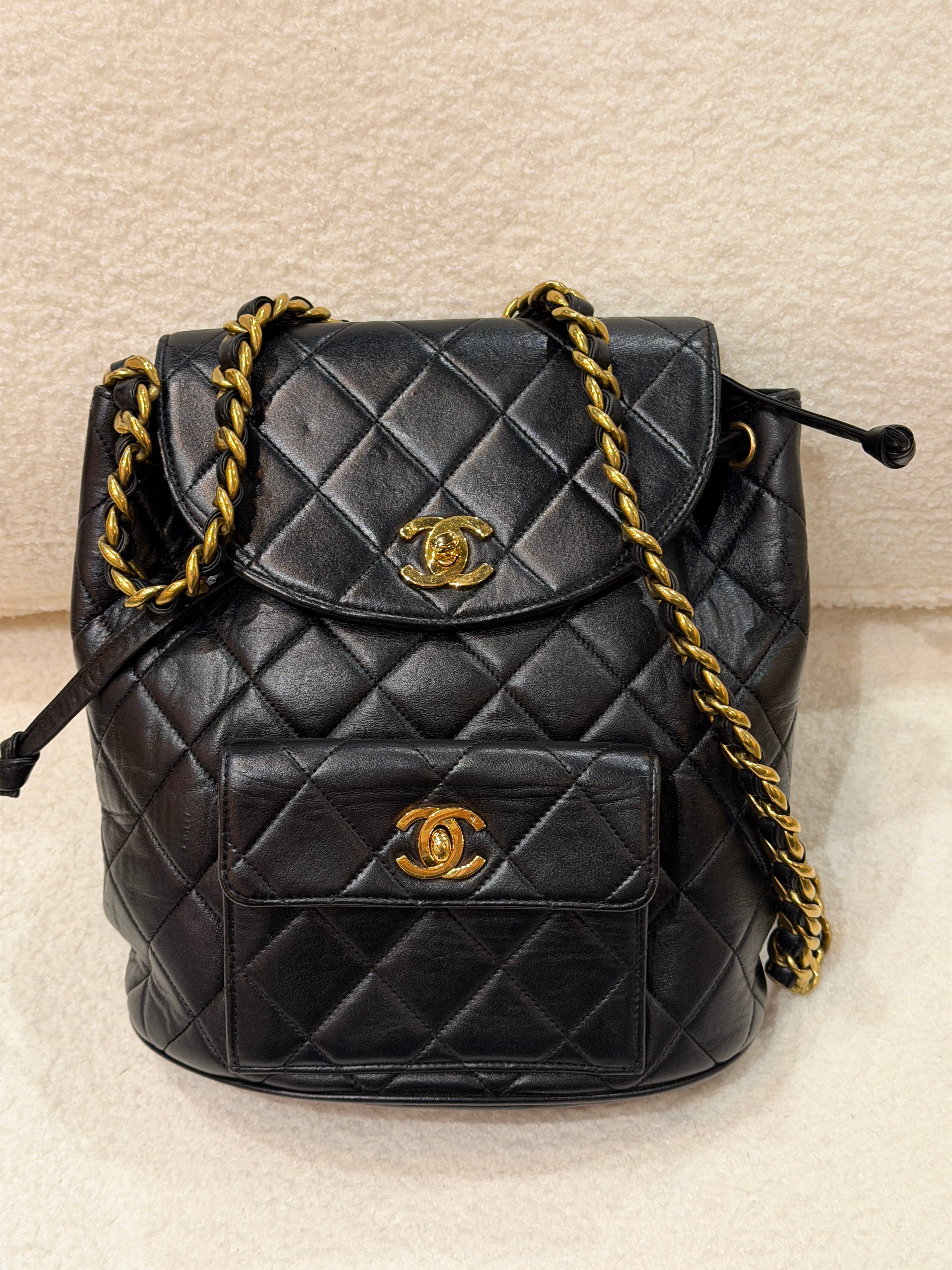 CHANEL Vintage Black Lambskin Quilted Drawstring Backpack 24K Gold Plated Hardware