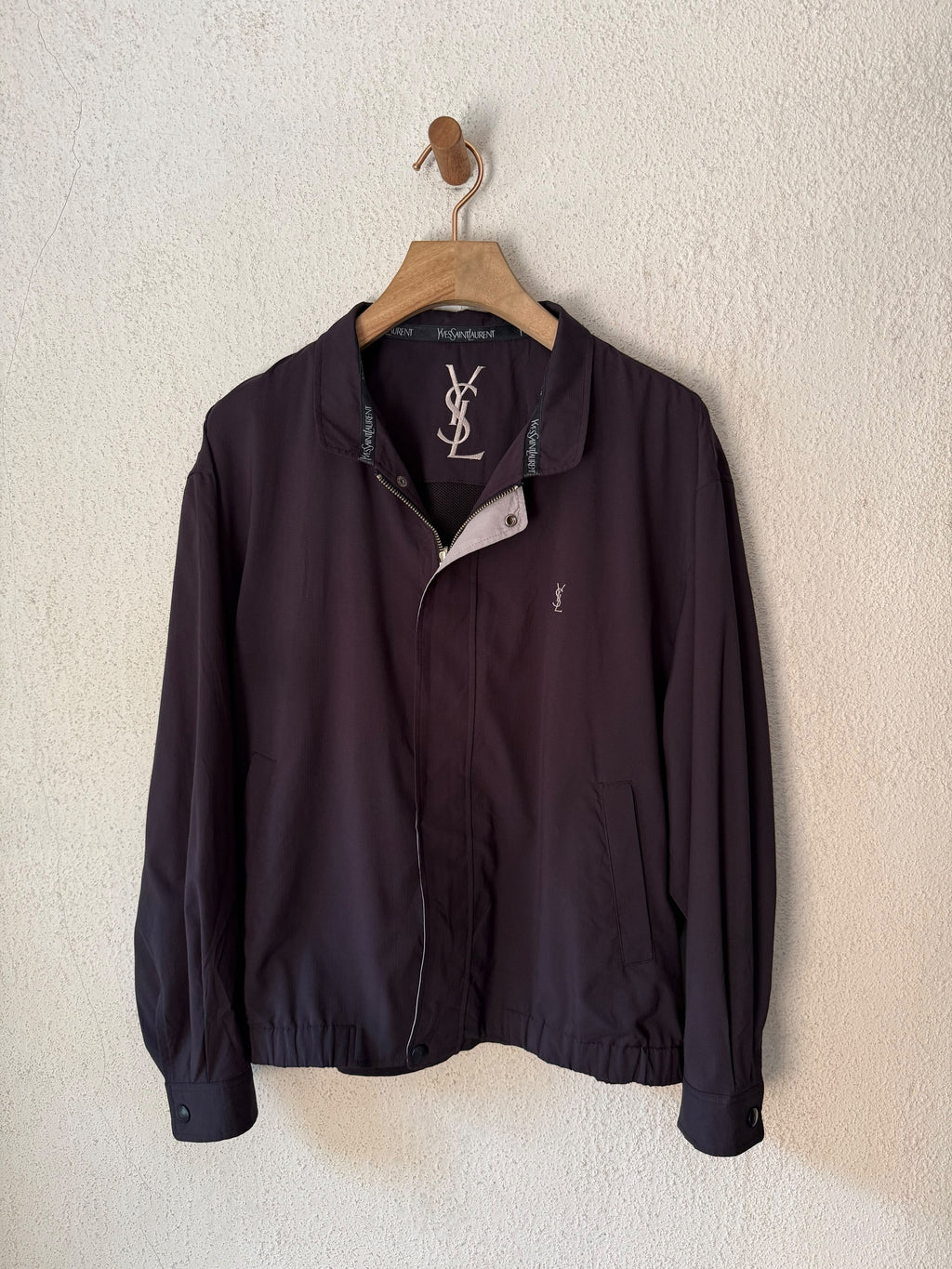 Yves Saint Laurent YSL Navy Black Windbreaker Bomber Jacket with Logo Embroidery