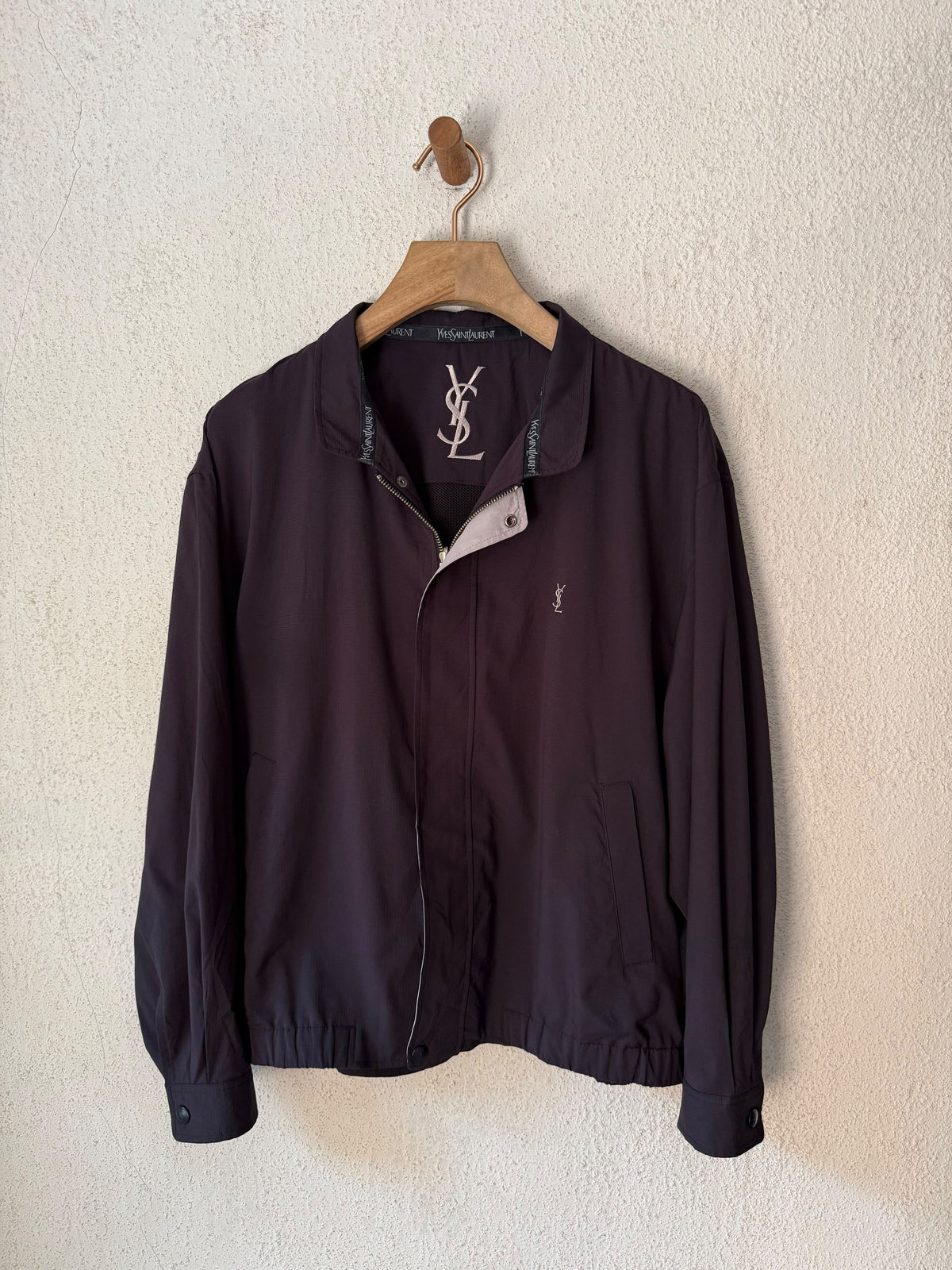 Yves Saint Laurent YSL Navy Black Windbreaker Bomber Jacket with Logo Embroidery