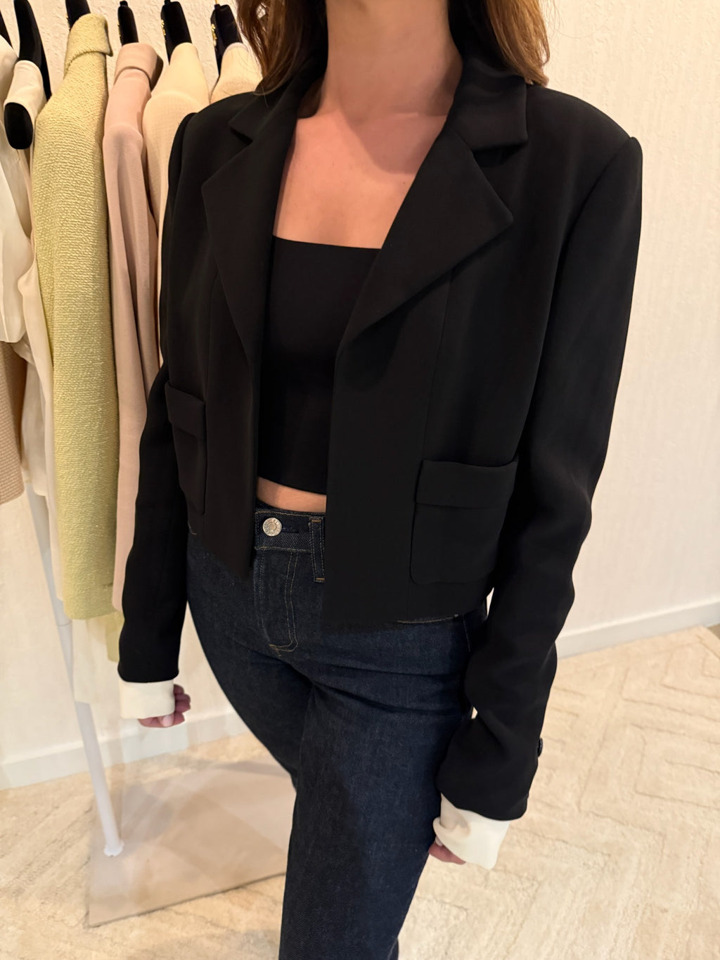 Chanel 2015 Silk Black Runway Blazer with Removable White Sleeves | FR40