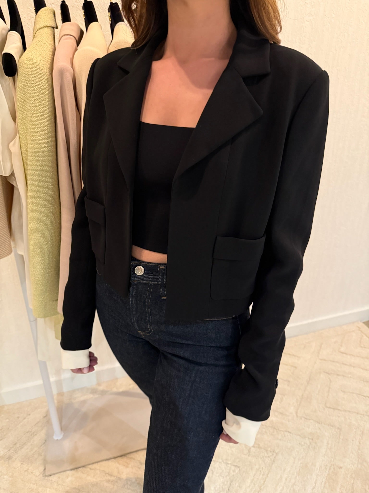 Chanel 2015 Silk Black Runway Blazer with Removable White Sleeves | FR40