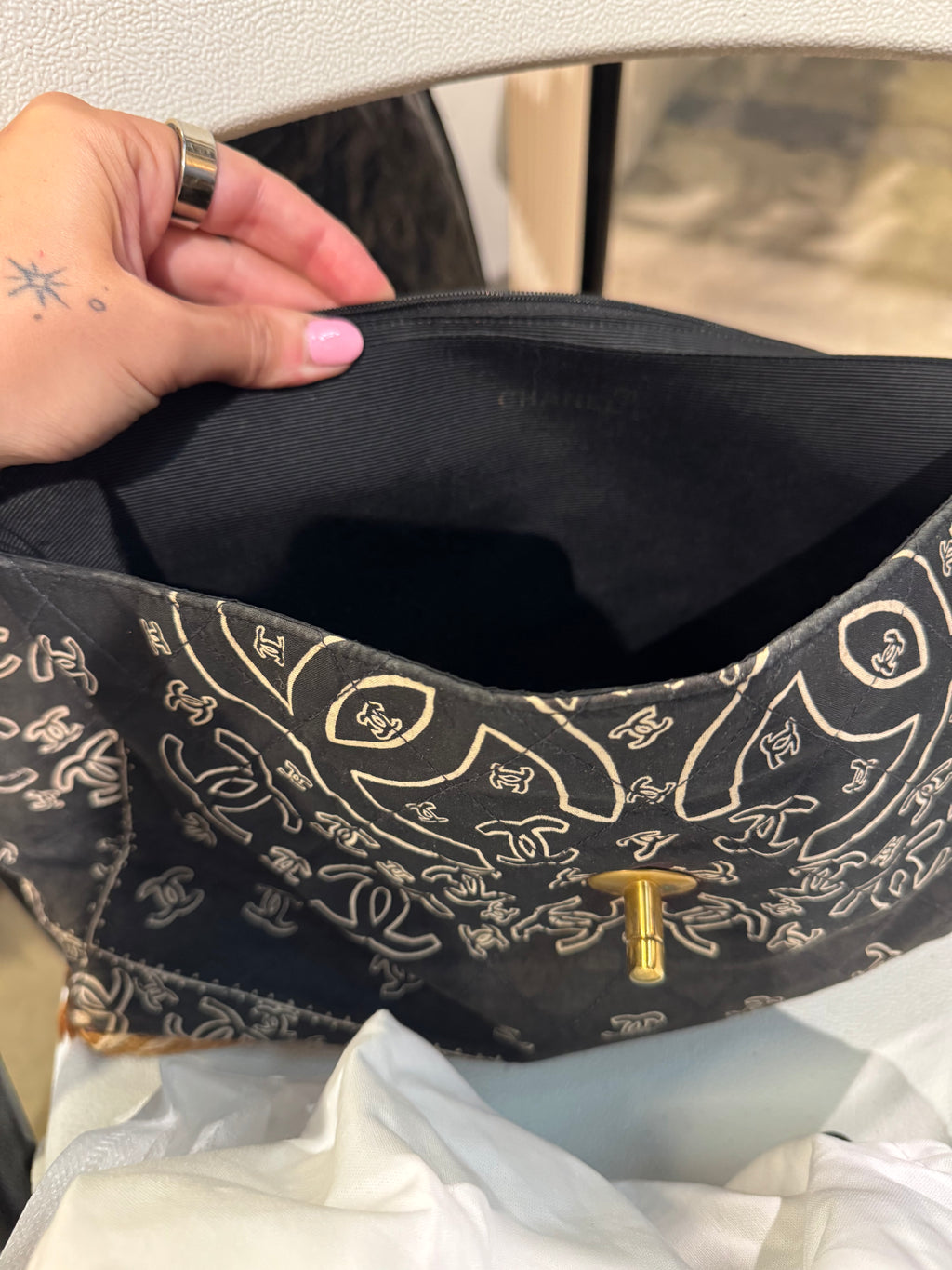 CHANEL 1990s Vintage Bandana Jumbo Flap Bag Black CC Logo 24K Gold Chain Rare
