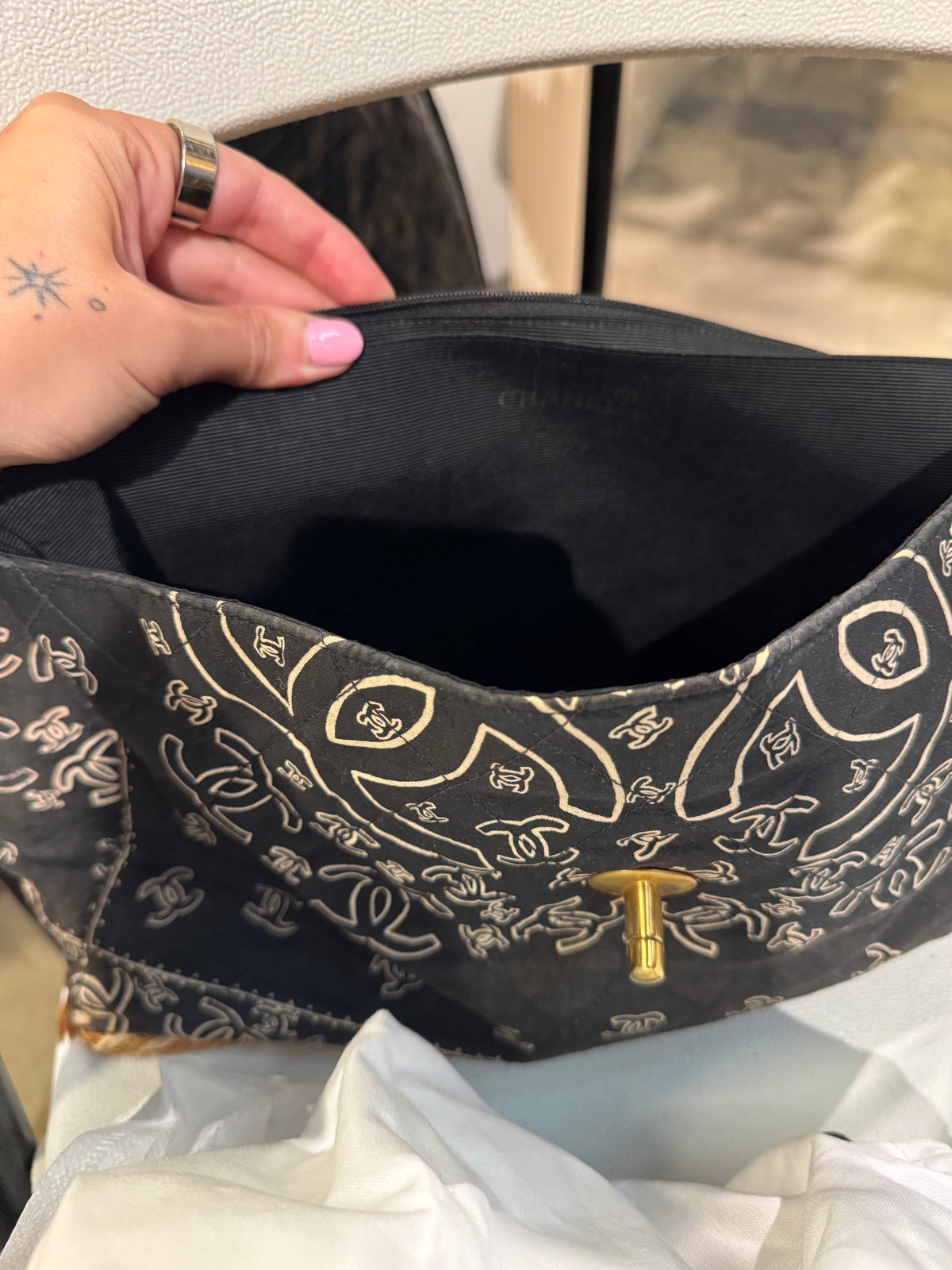 CHANEL 1990s Vintage Bandana Jumbo Flap Bag Black CC Logo 24K Gold Chain Rare