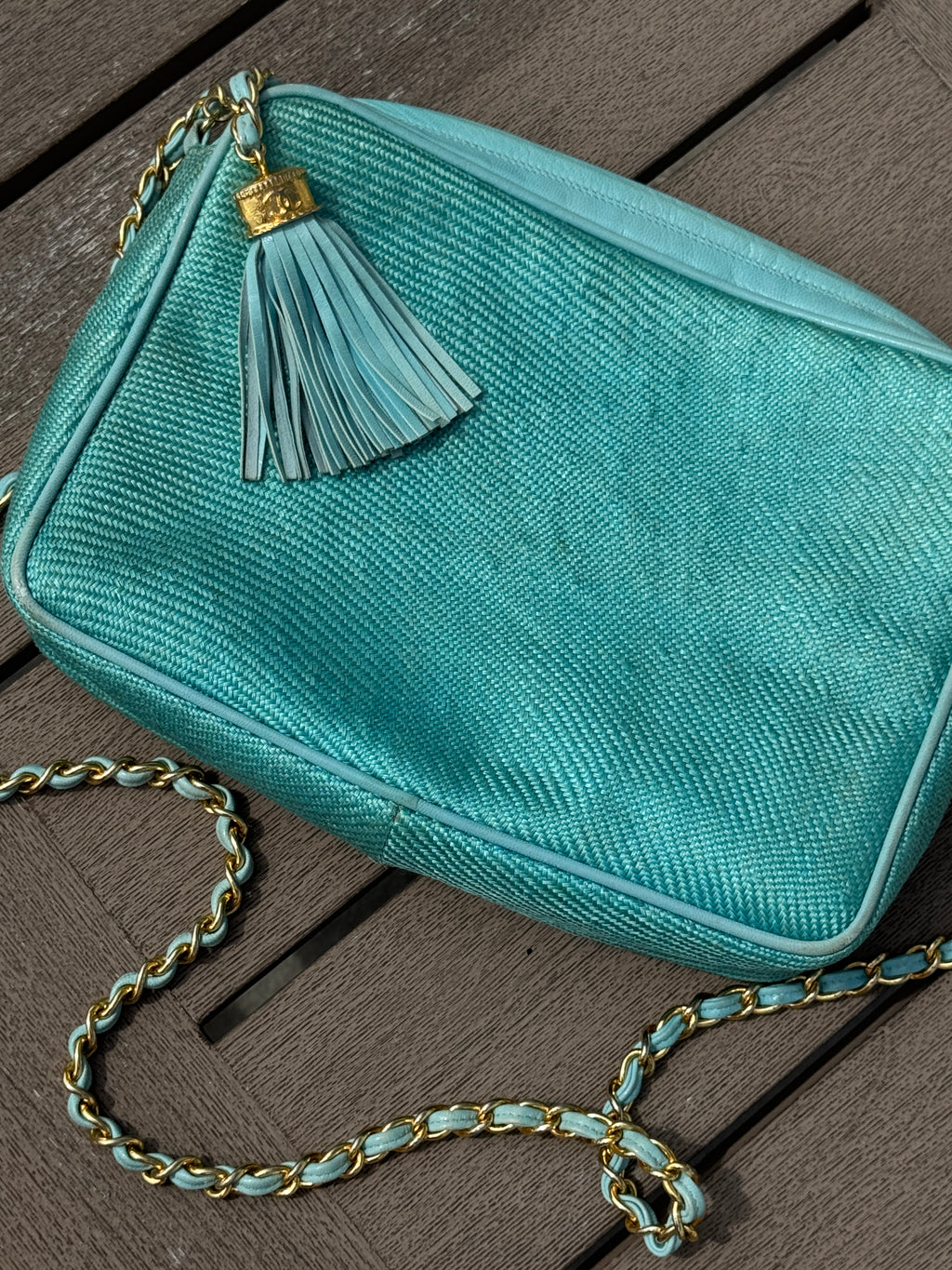 Chanel  Teal Raffia Crossbody