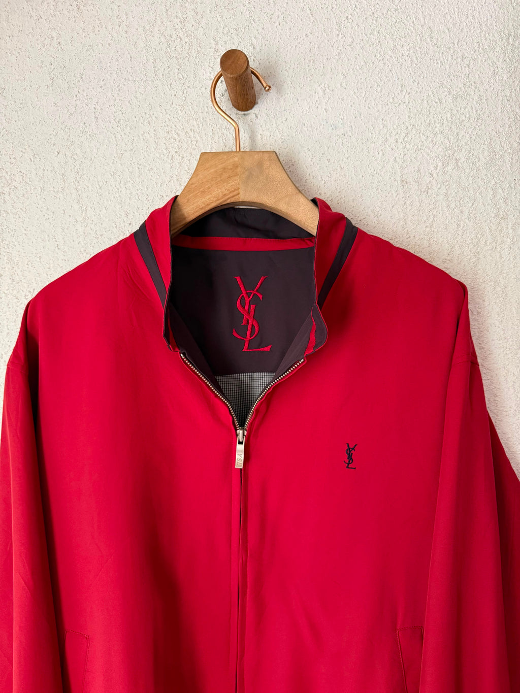 Yves Saint Laurent Vintage 90s Red YSL Logo Windbreaker Jacket Navy Logo Size 110 Oversized