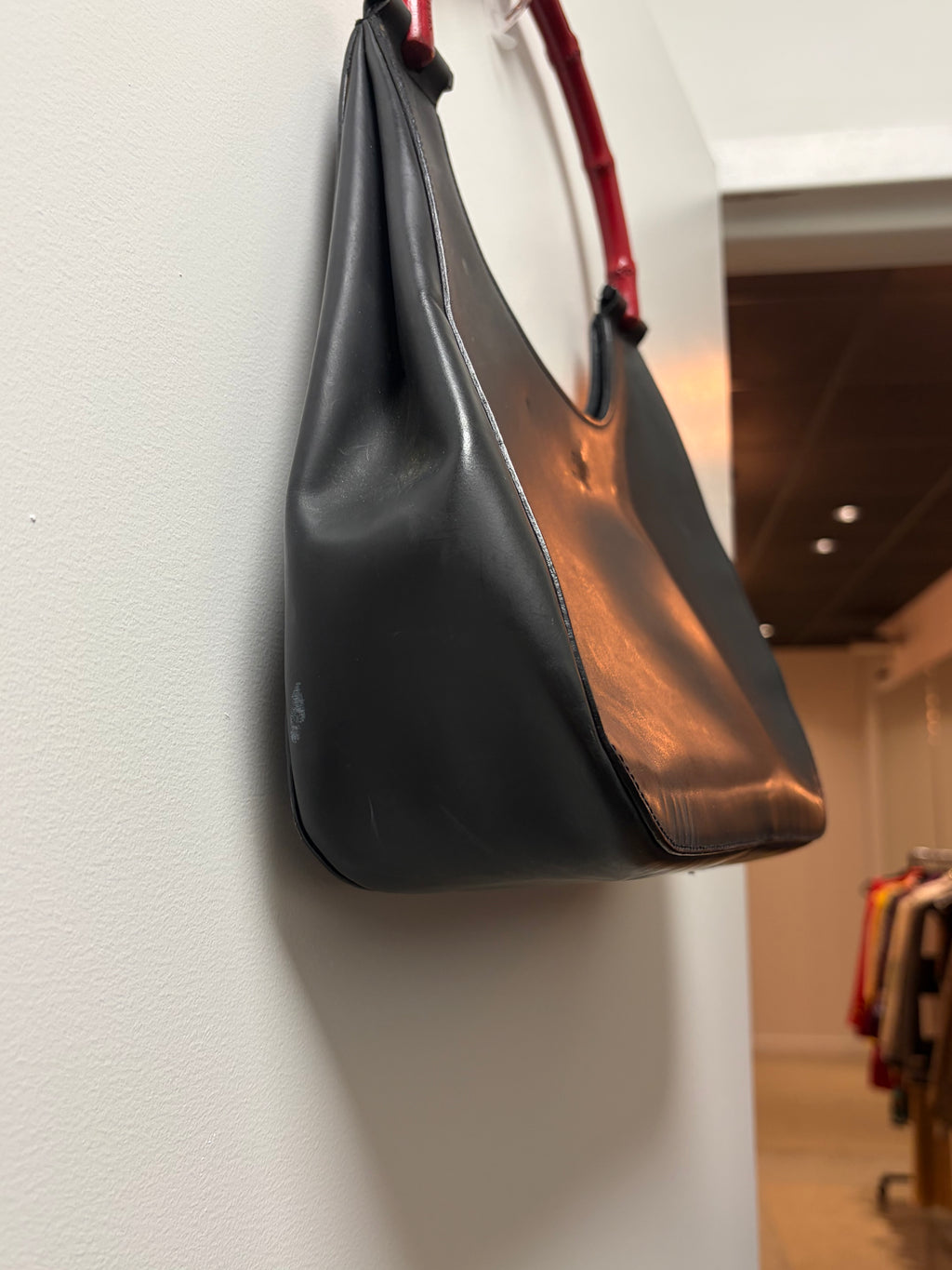 Gucci Bamboo Handle Shoulder Bag Black Leather & Red Bamboo