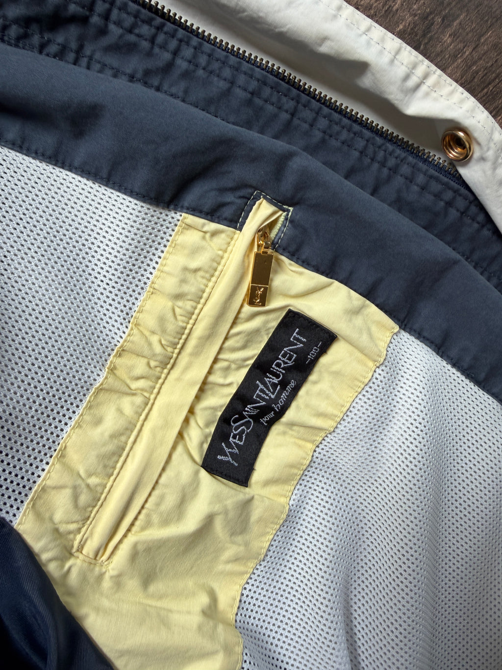 Yves Saint Laurent Vintage 90s Chino Blue YSL Logo Utility Windbreaker Jacket Gold Hardware Size 100 Oversized