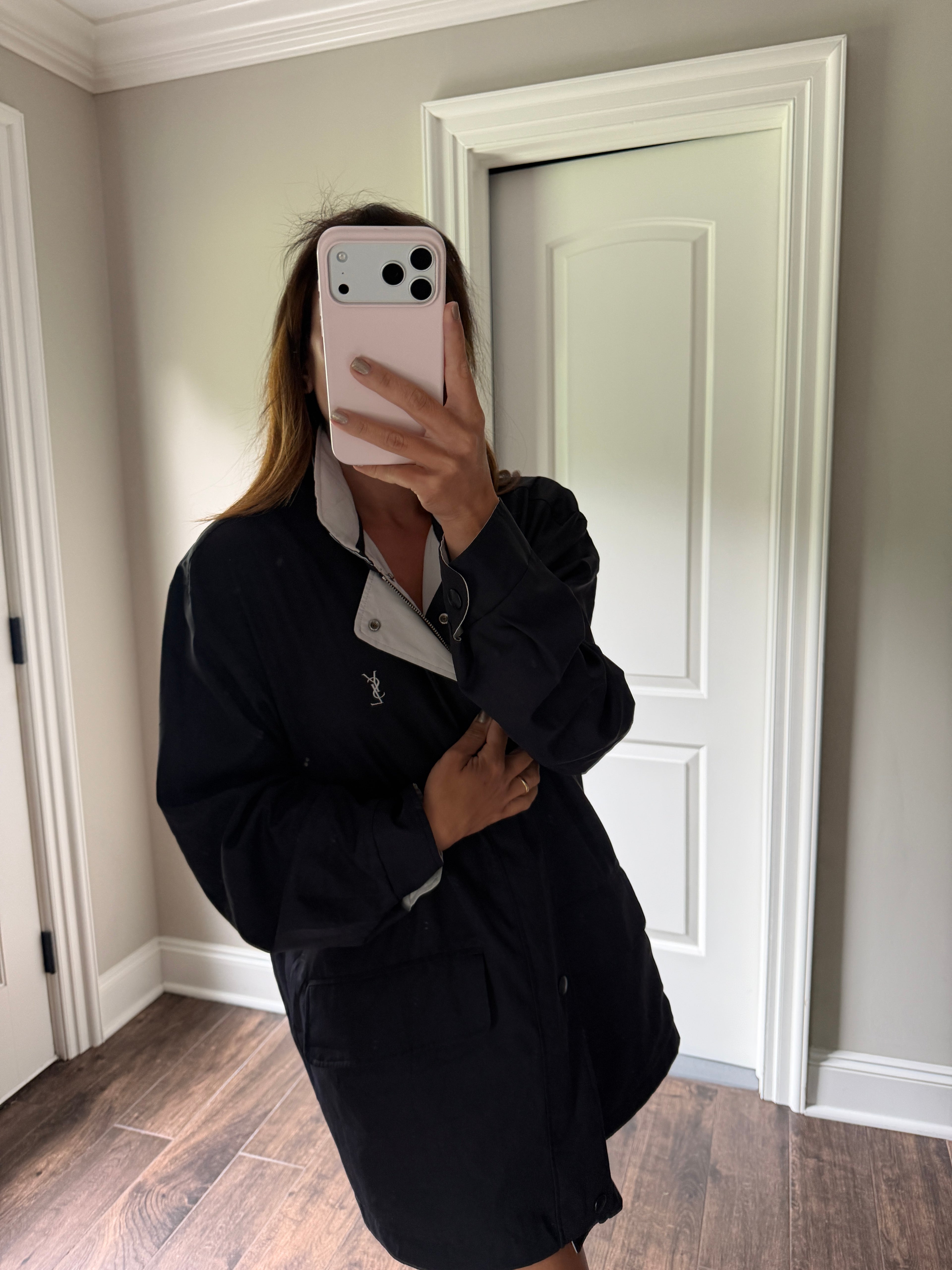 Yves Saint Laurent Vintage 90s Reversible YSL Logo Windbreaker Jacket Navy & Light Gray Hidden Hood Size 100 Oversized