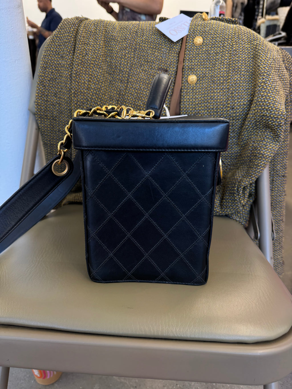 Chanel 90’s Black Lambskin Square Camera Vanity Bag with Strap