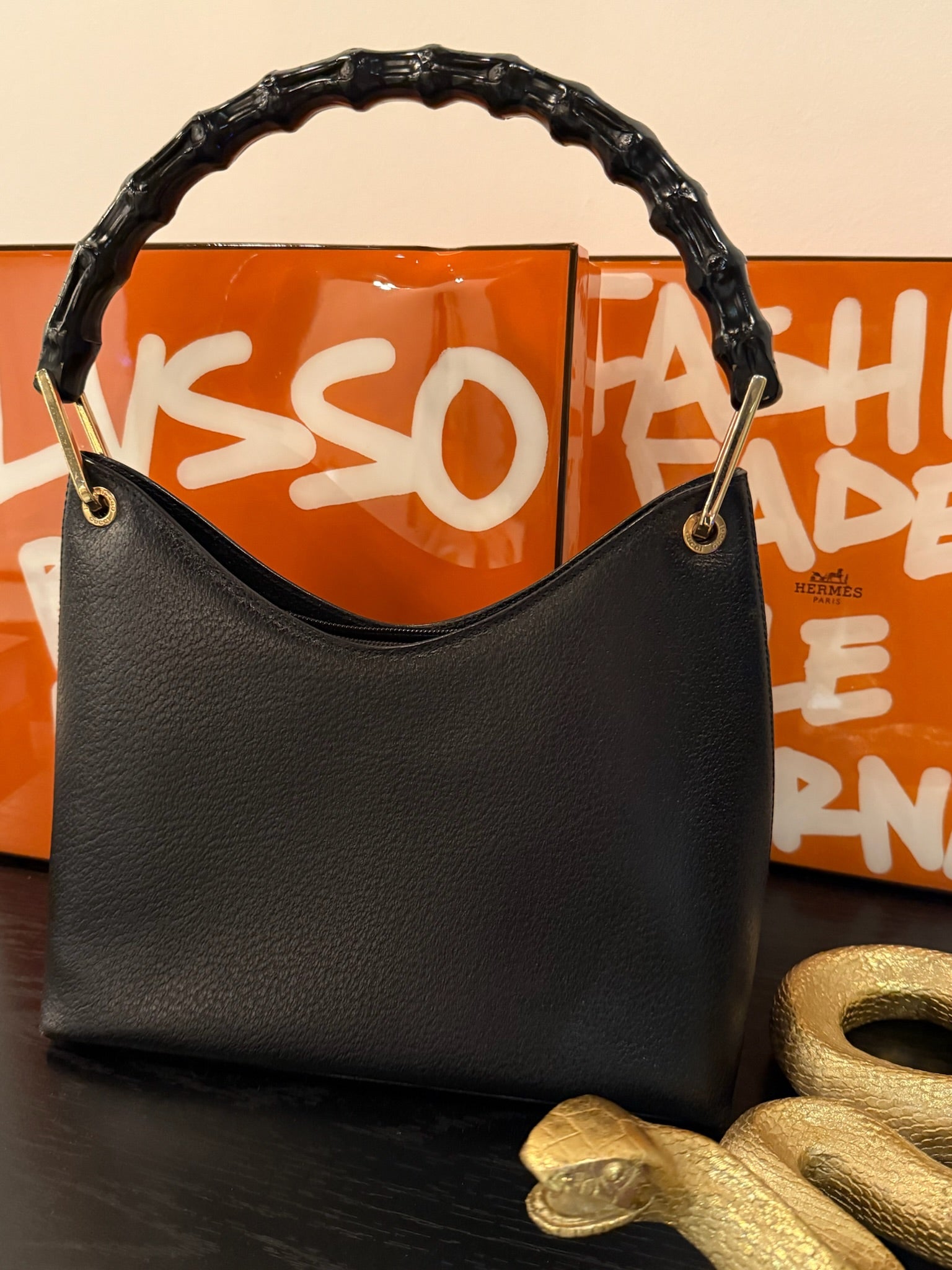 Gucci Bamboo Leather Handbag Black | Classic Bamboo Handle Bag
