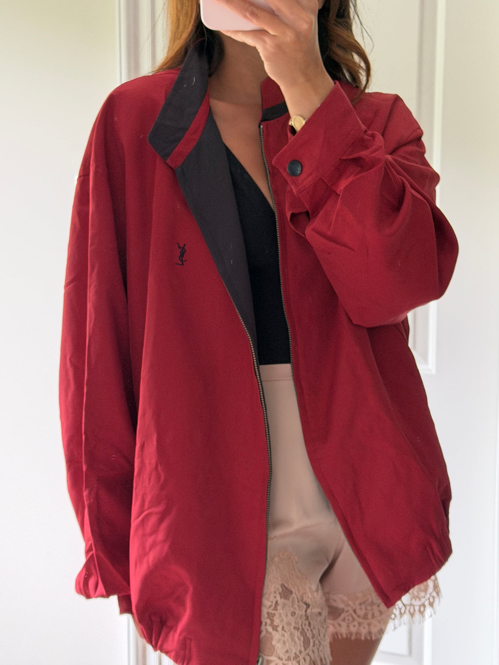 Yves Saint Laurent Vintage 90s Red YSL Logo Windbreaker Jacket Navy Logo Size 110 Oversized