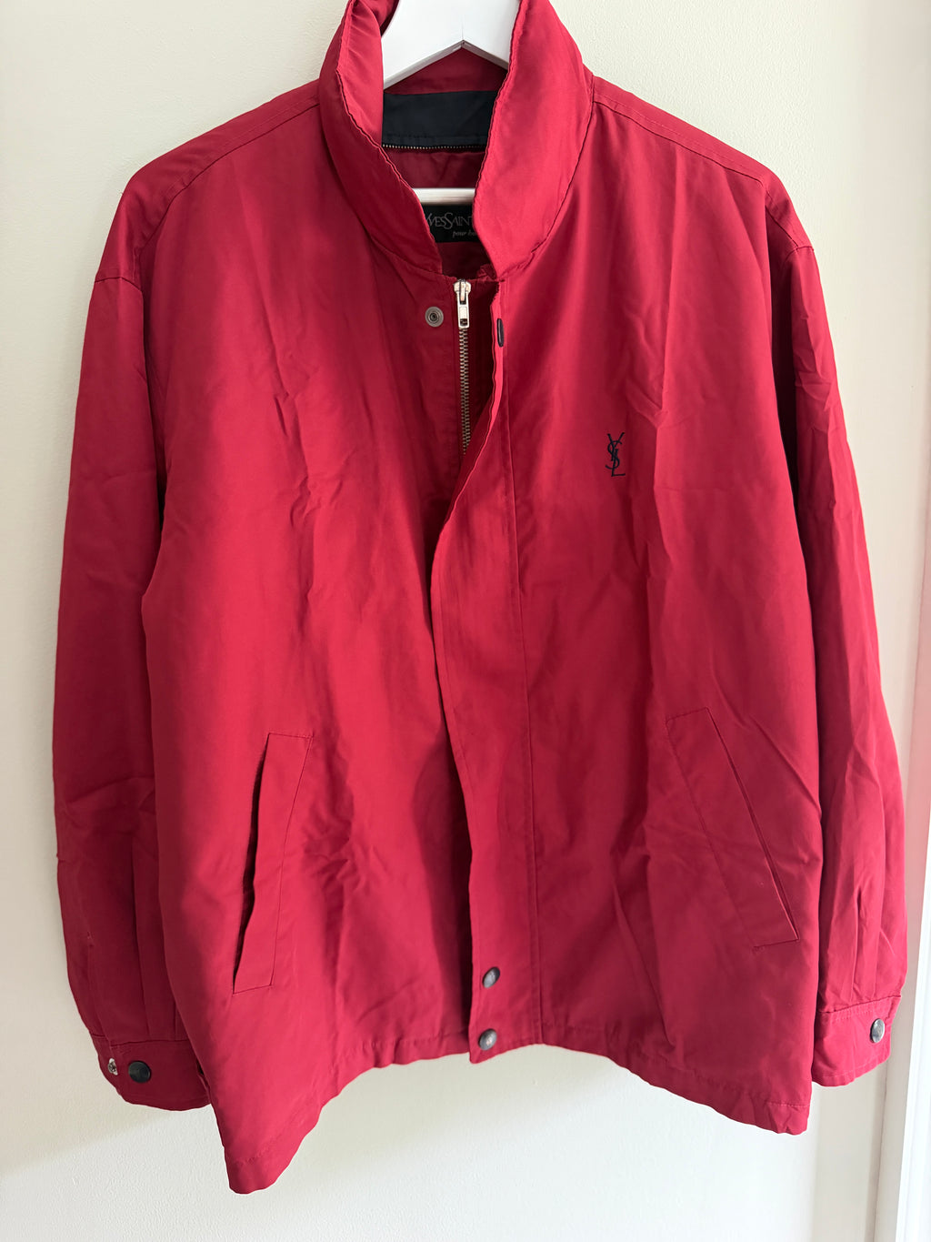 Yves Saint Laurent Vintage 90s Red YSL Logo Windbreaker Jacket Navy Logo Hidden Hood Size 100 Oversized