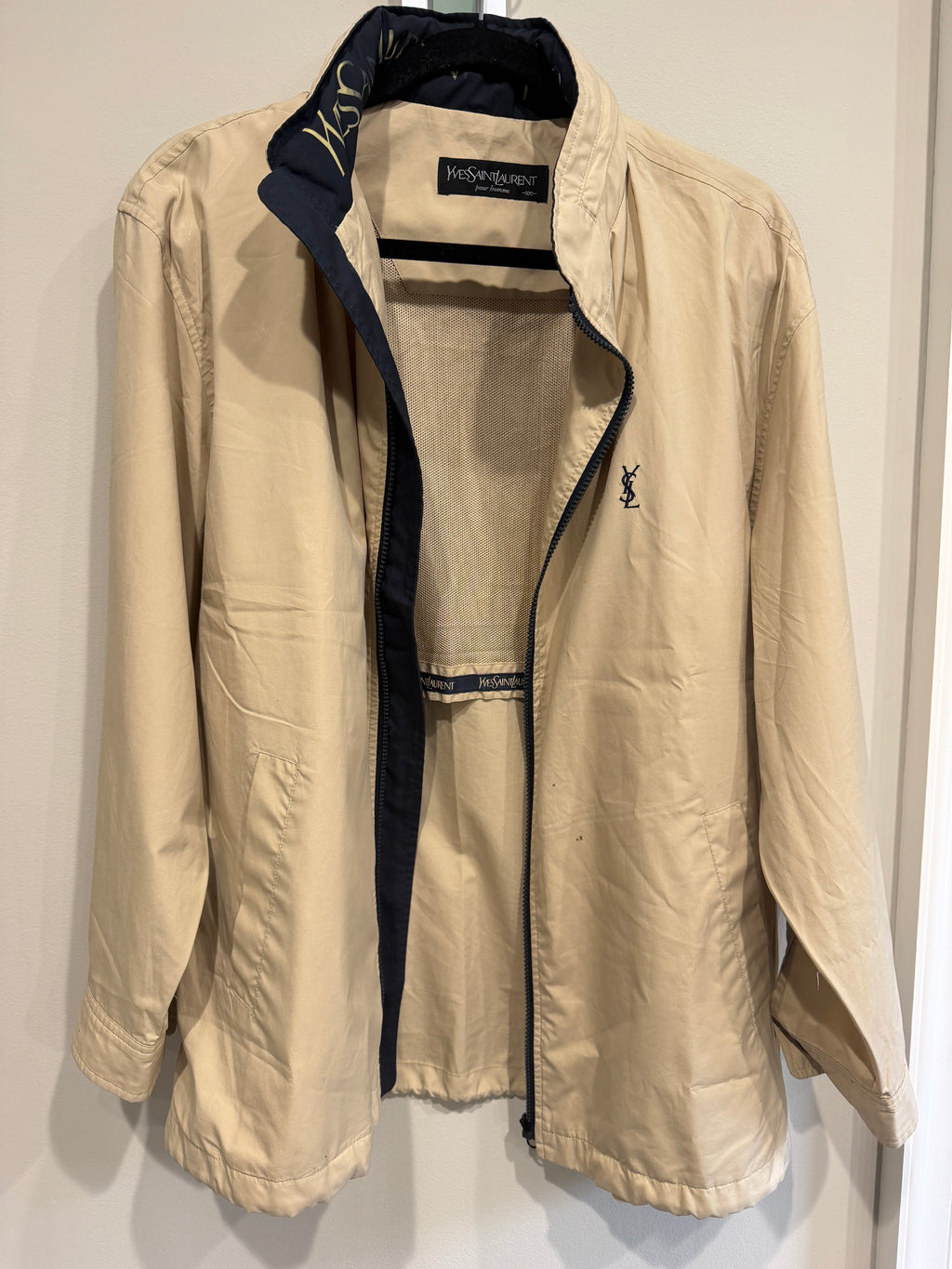 Yves Saint Laurent Vintage YSL Windbreaker Bomber Jacket Khaki Navy Size 100 Rare